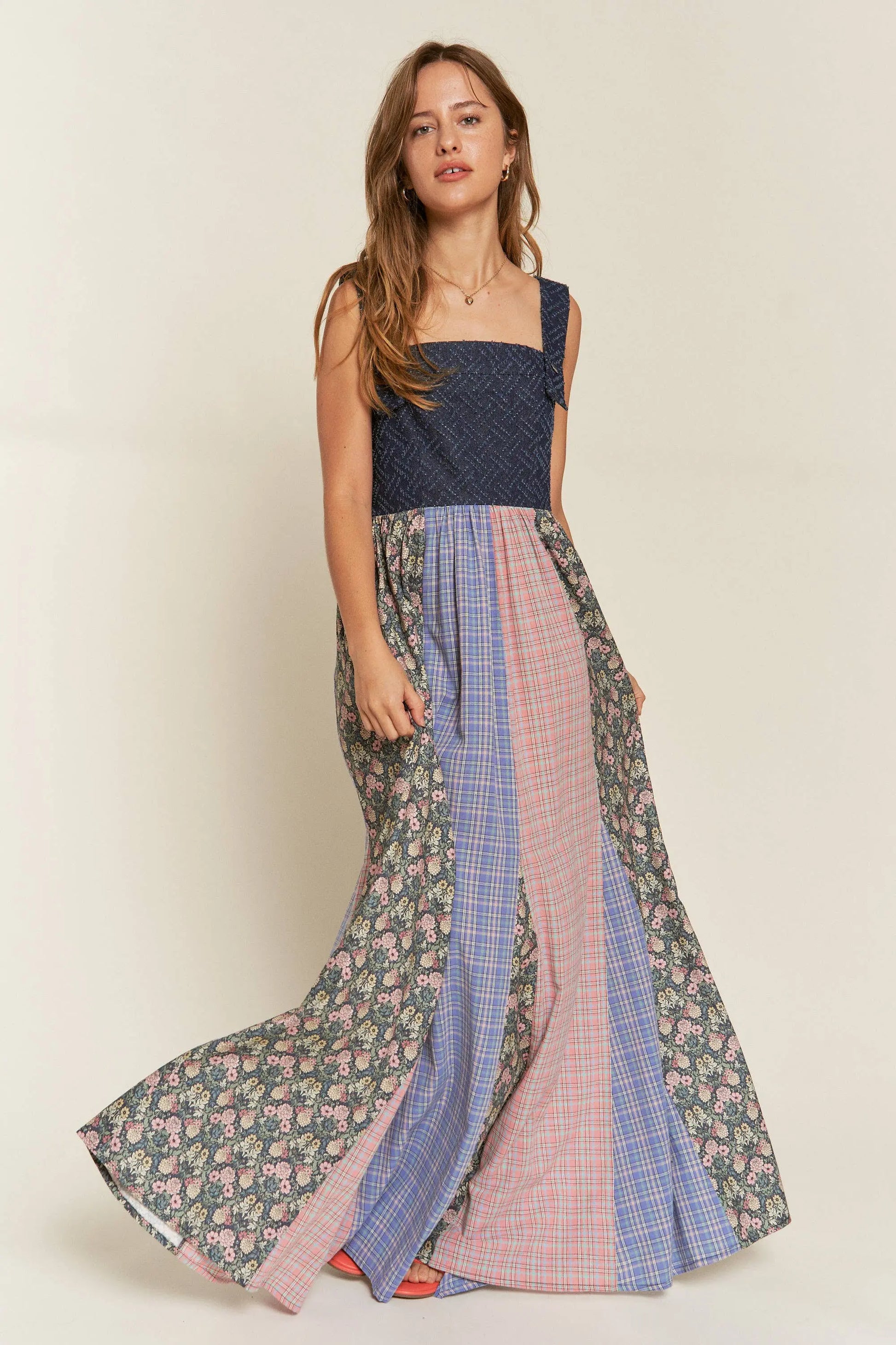 Becky- VINTAGE PLAID/FLORAL & DENIM SUSPENDER MAXI DRESS 926 West