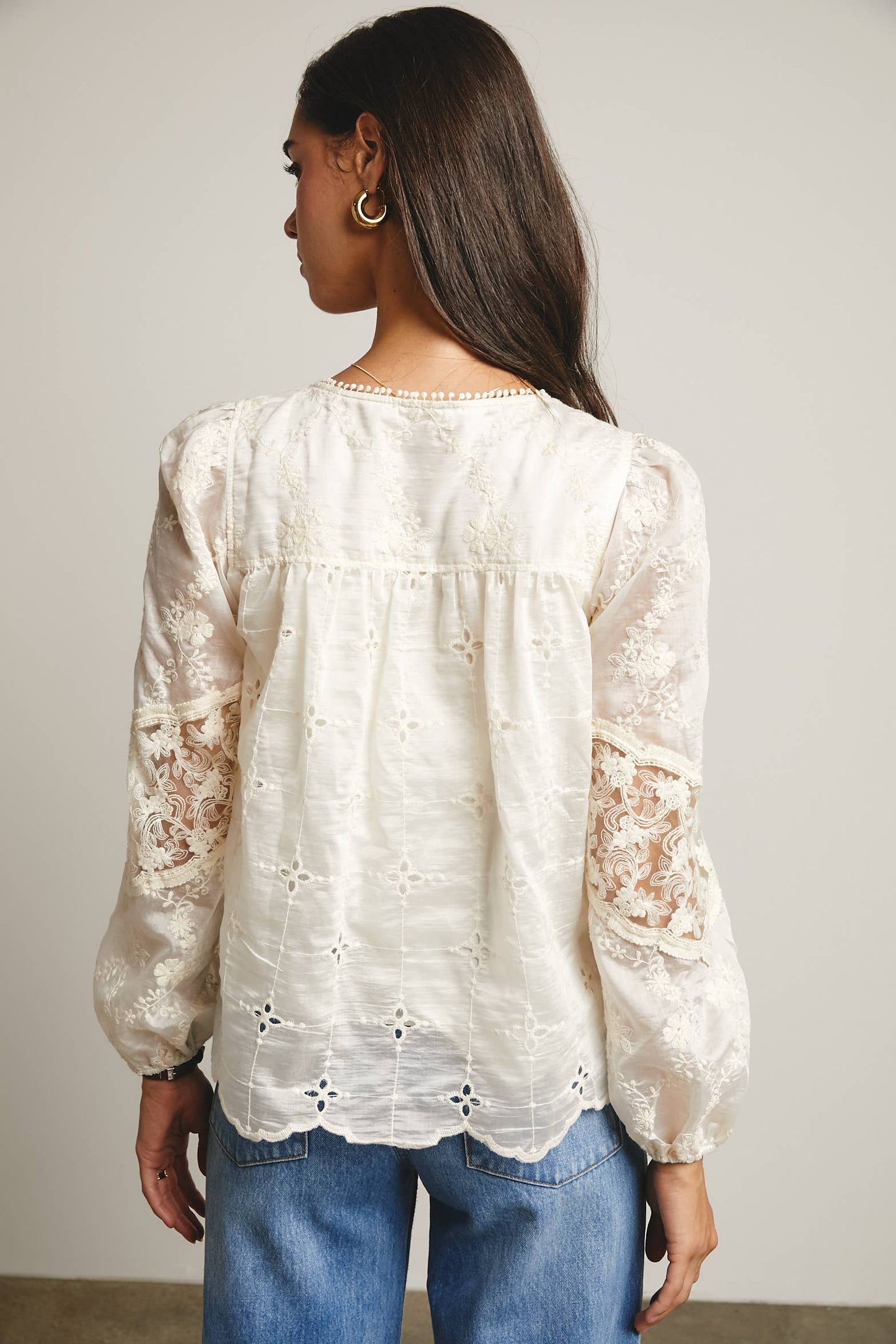 Forte - Embroidered Lace Puff Sleeve Blouse