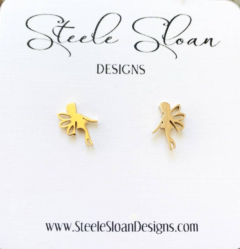 Tinkerbell Fairy Earrings, Gold Stud Hypoallergenic Earrings Steele Sloan Designs