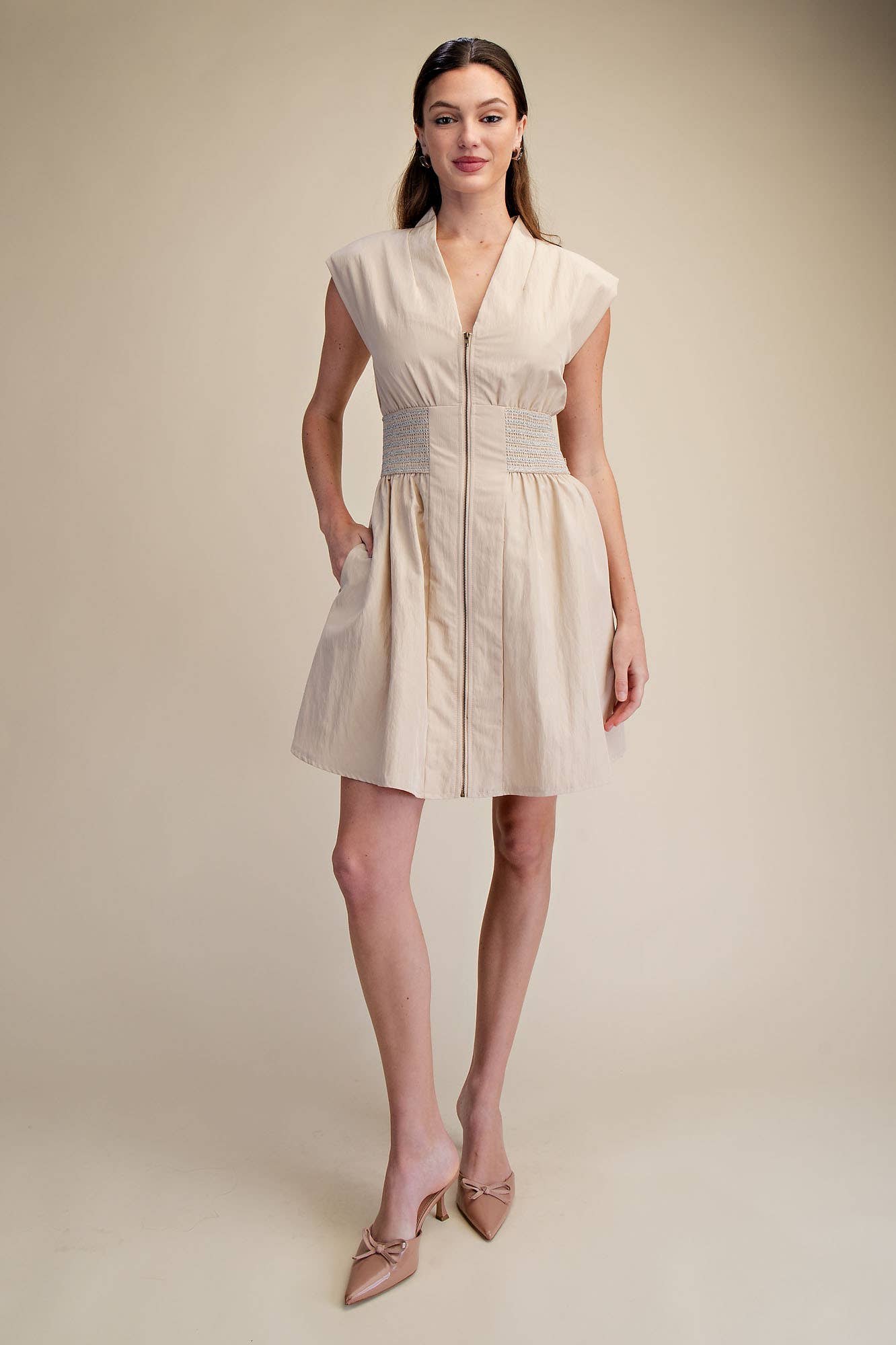 GLAM - V-Neck Front Zip Waist Smocked Shoulder Pad Mini Dress