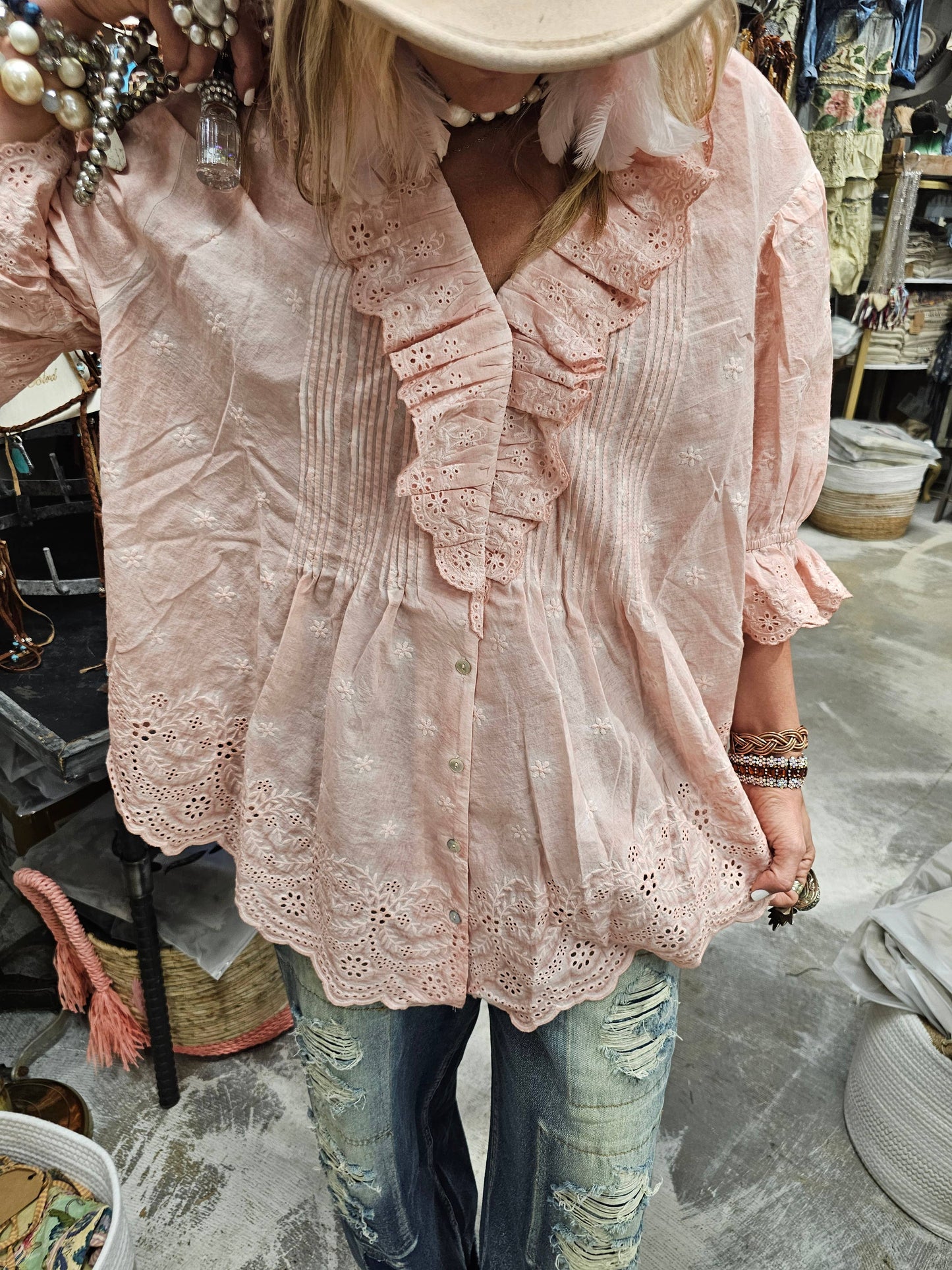 A RARE BIRD - Pink Eyelet Linen Top