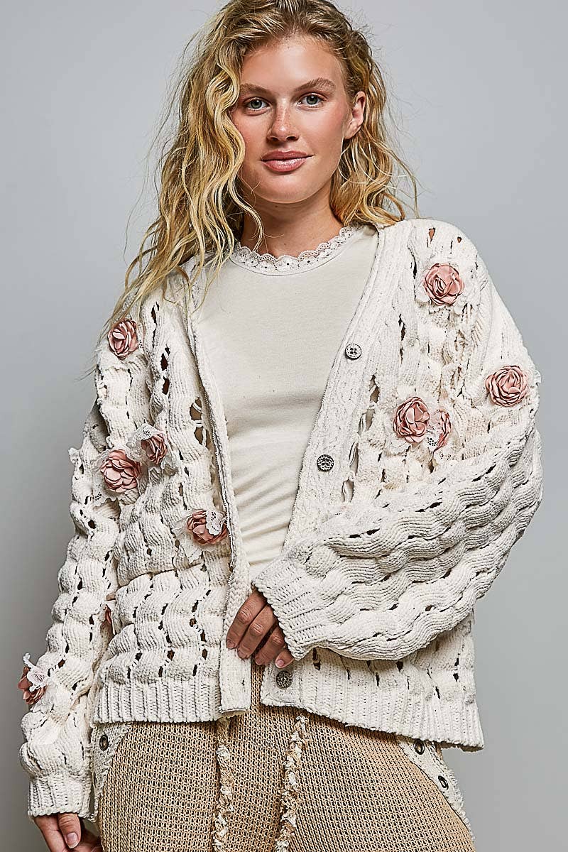 Flower Lace Patch Rib Band Solid Chenille Sweater Cardigan