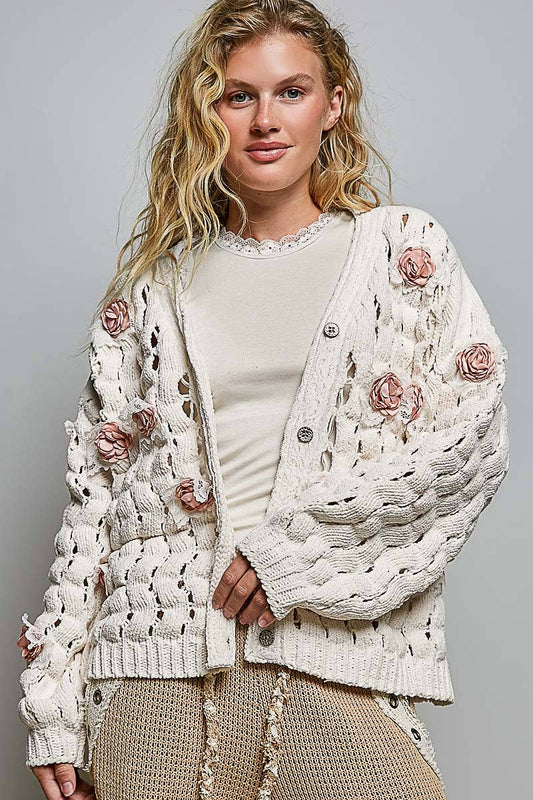 Flower Lace Patch Rib Band Solid Chenille Sweater Cardigan