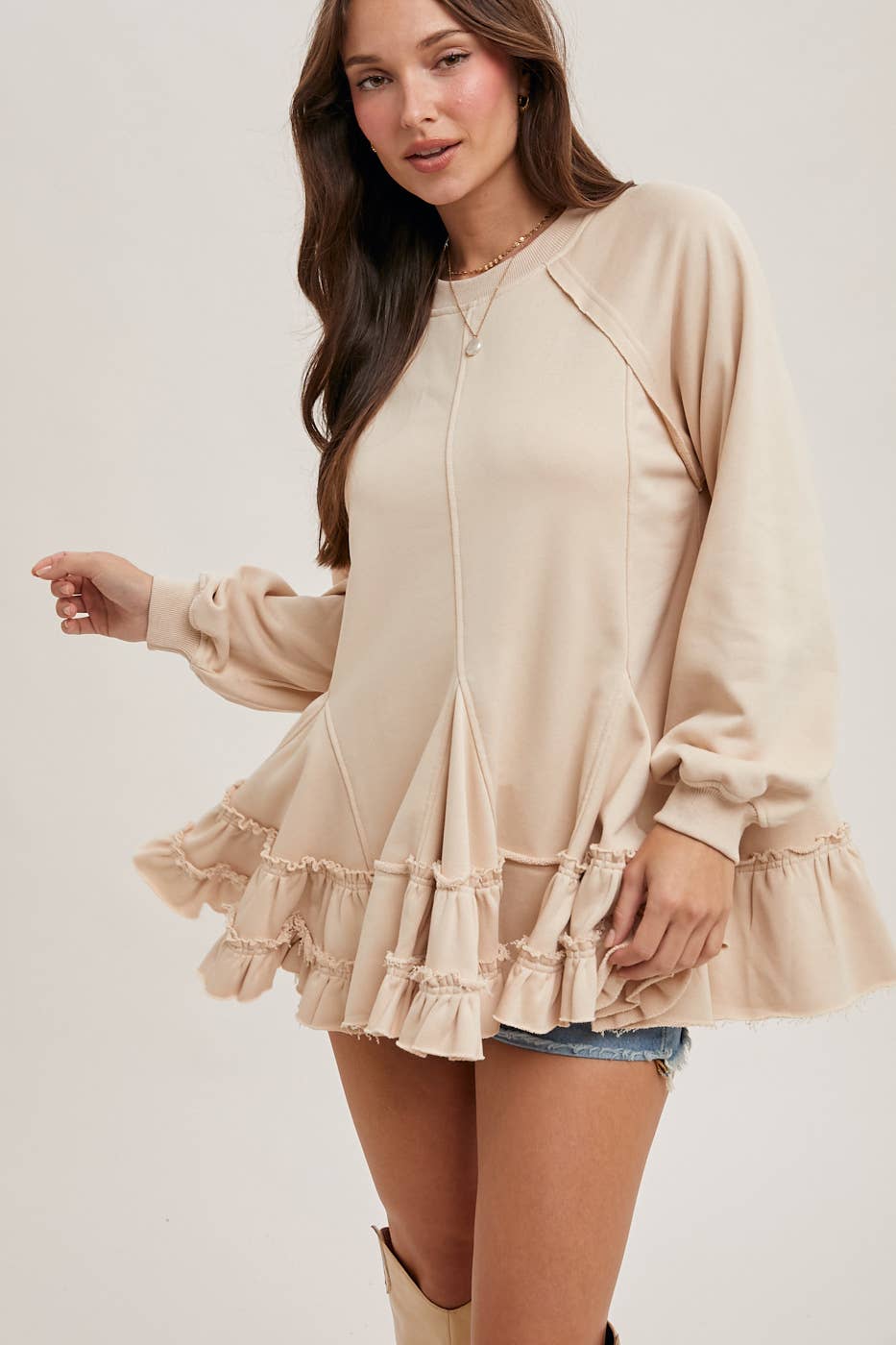 FRENCH TERRY RUFFLED TIERED HEM TUNIC SWEATSHIRT Bluivy