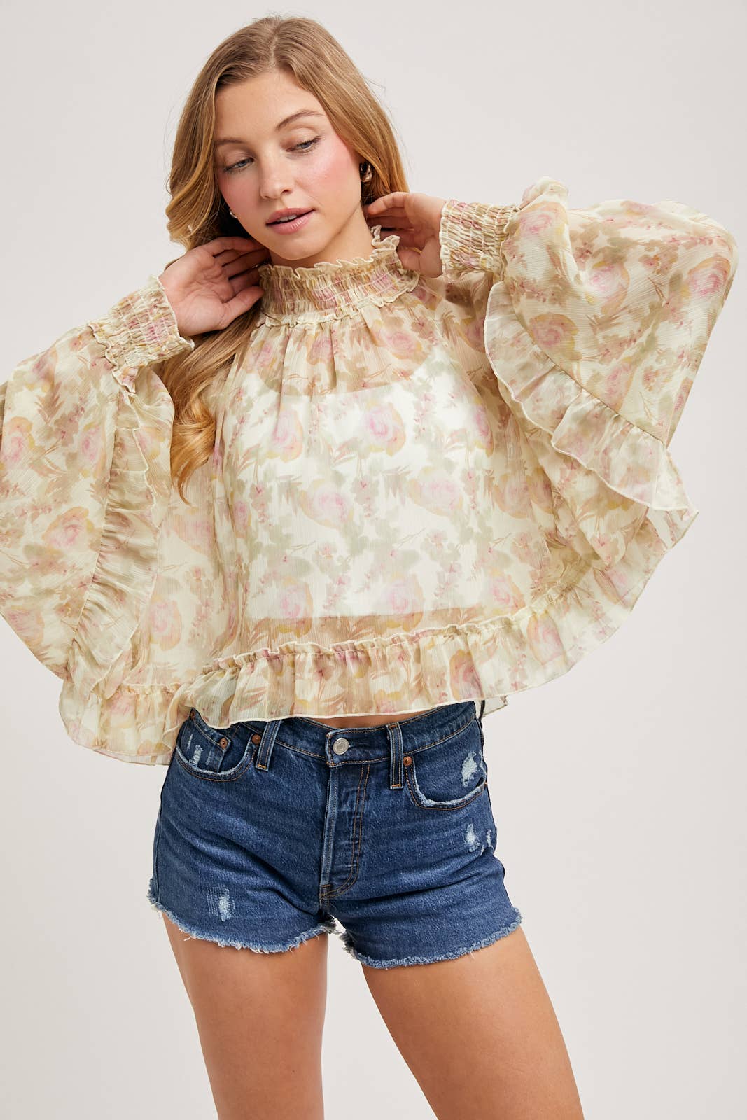 FLORAL PRINT RUFFLED MOCK NECK DOLMAN SLEEVE CHIFFON TOP Bluivy