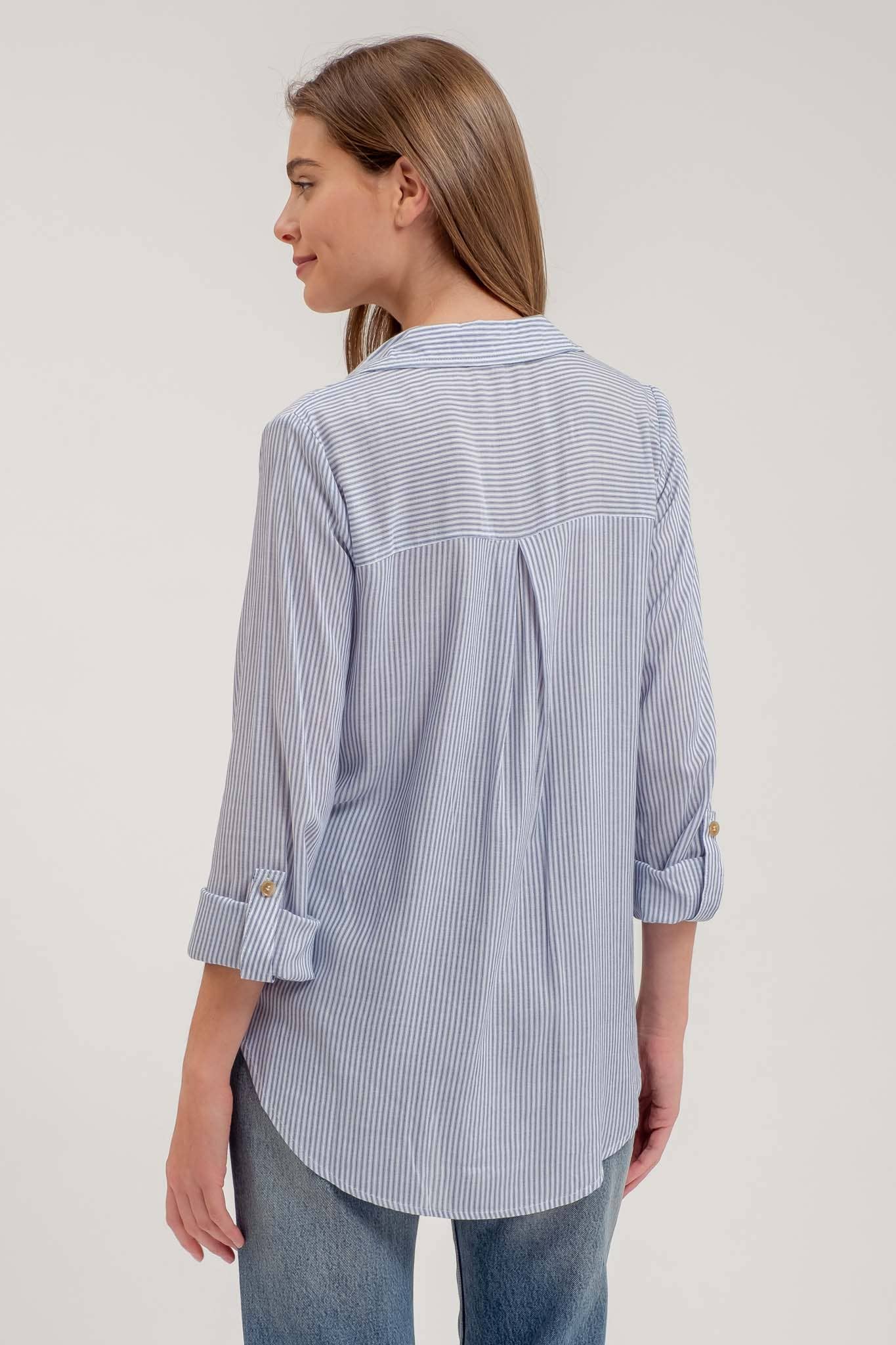 Blu Pepper - Striped Collared Button-Down Top with Pockets