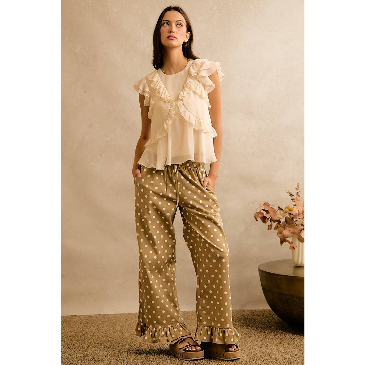 Polka Dot Print Elastic Waist Ruffle Pants
