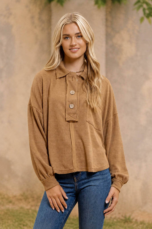 Blu Pepper Almond Collared Raw-Edge Knit Top