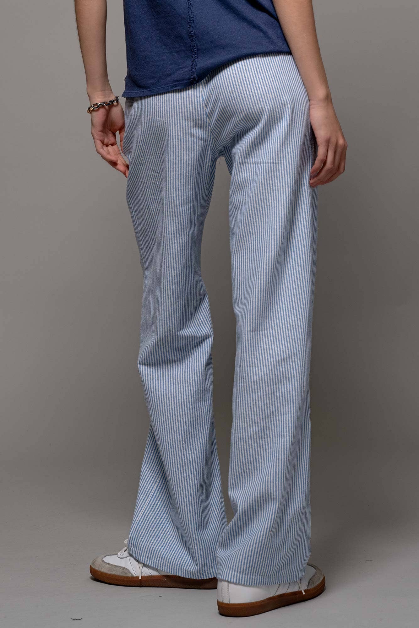 Blue Pinstripe Drawstring Wide Leg Lounge Pants 926 WEST