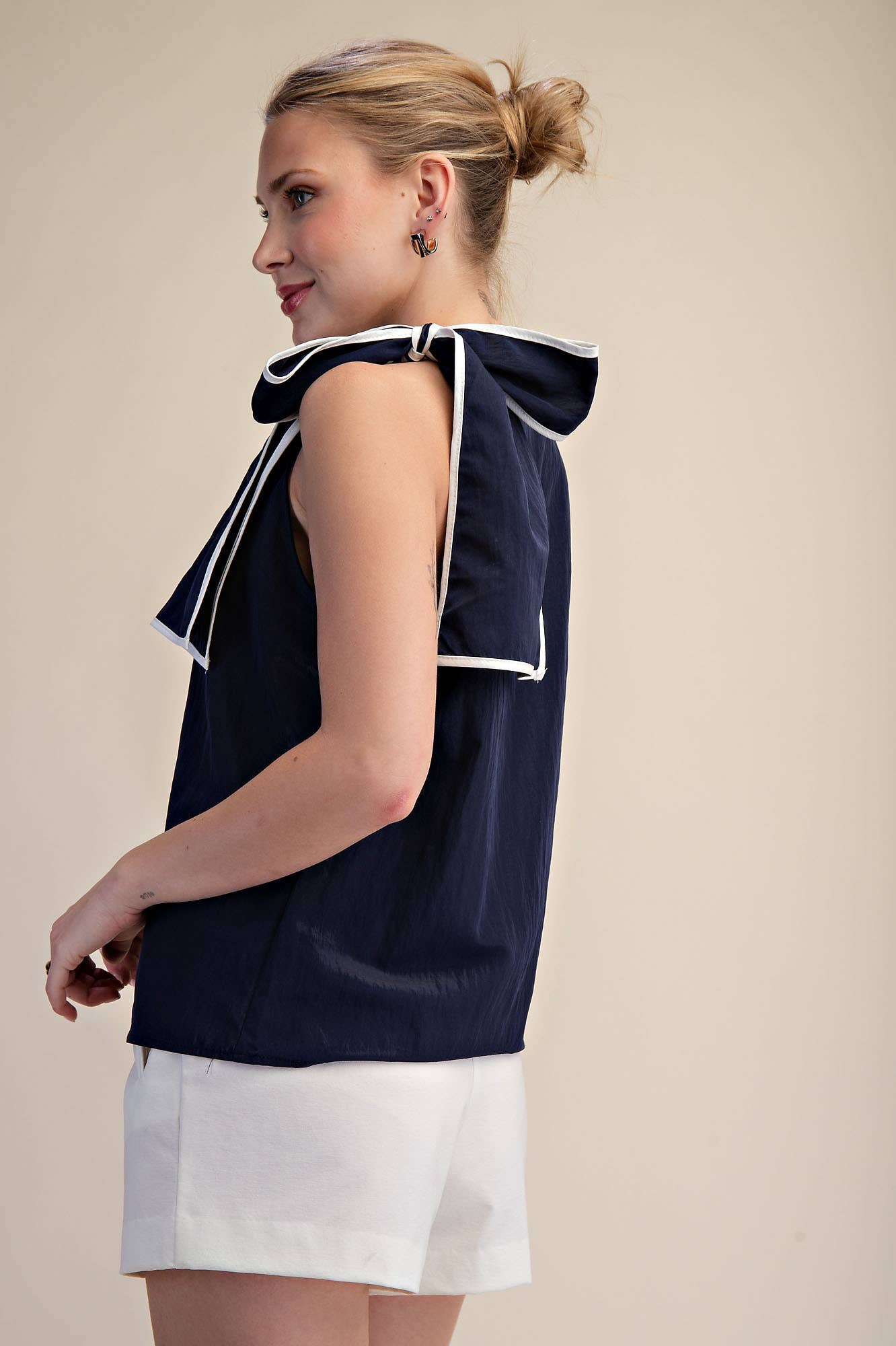 GLAM - Asymmetric Pleated Shoulder Contrasting Bow Top