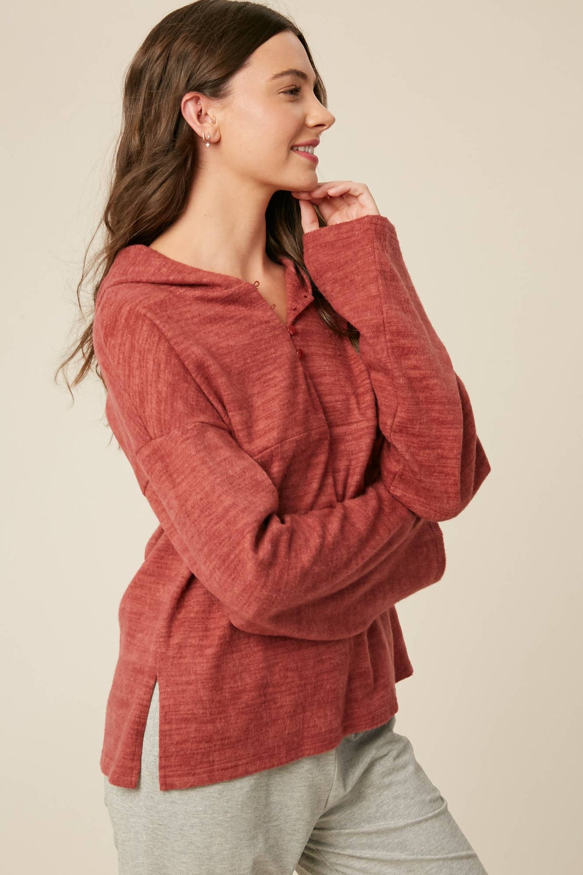 Plum Brushed Knit Henley Hoodie