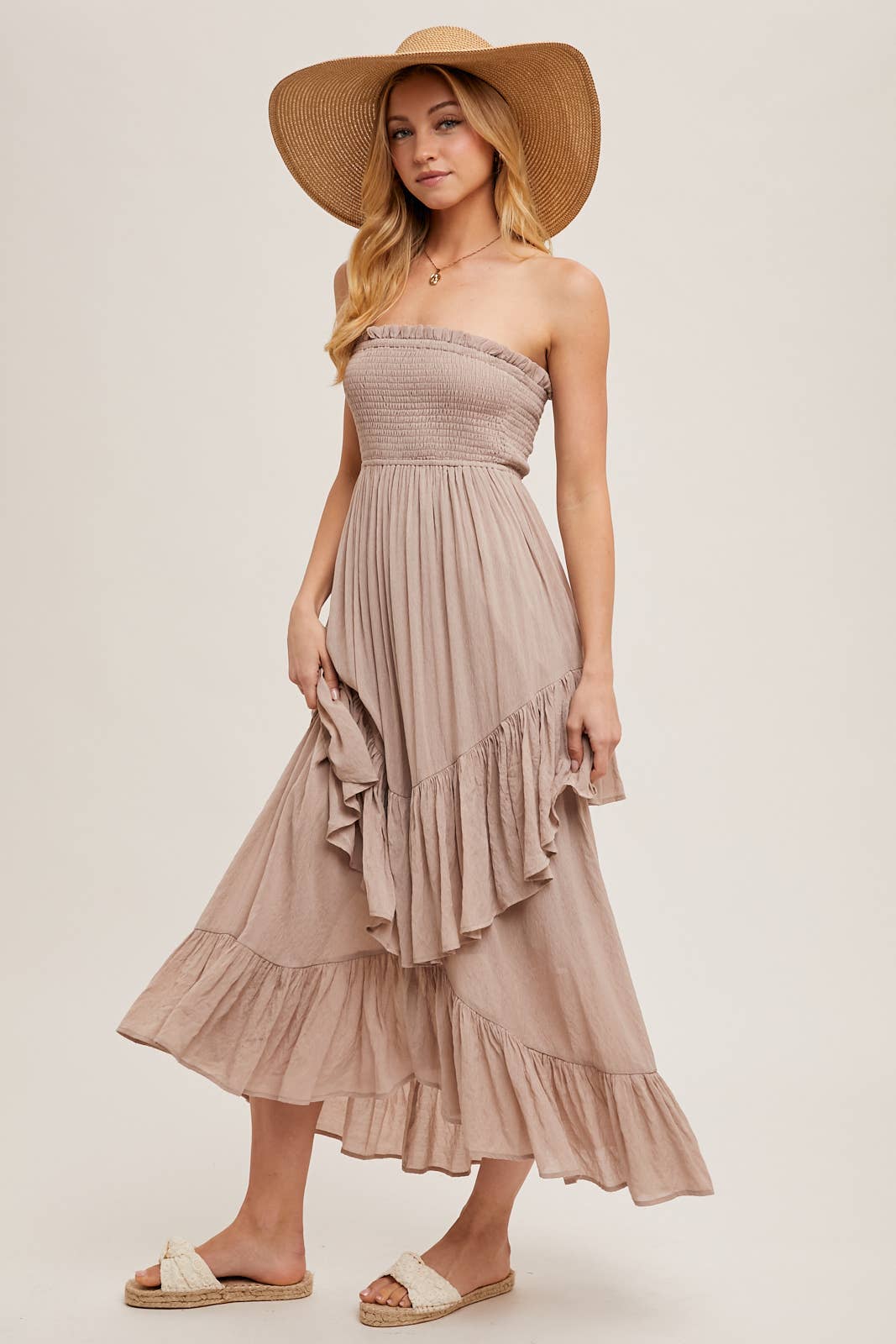 FINAL SALE- BOHO SMOCKED STRAPLESS TIERED RUFFLE MIDI DRESS 926 WEST