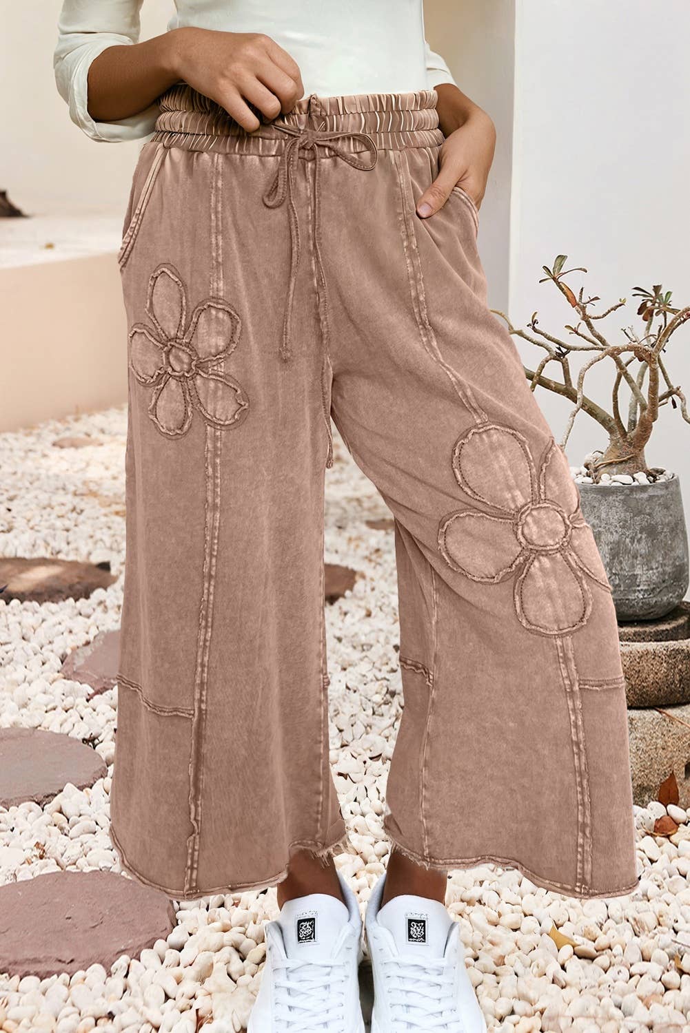 LDC Floral Patch Mineral Washed Terry Knit Cropped Pants Little Daisy Closet