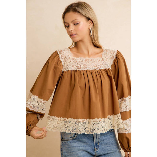 BiBi Camel Lace-Trim Balloon Sleeve Blouse