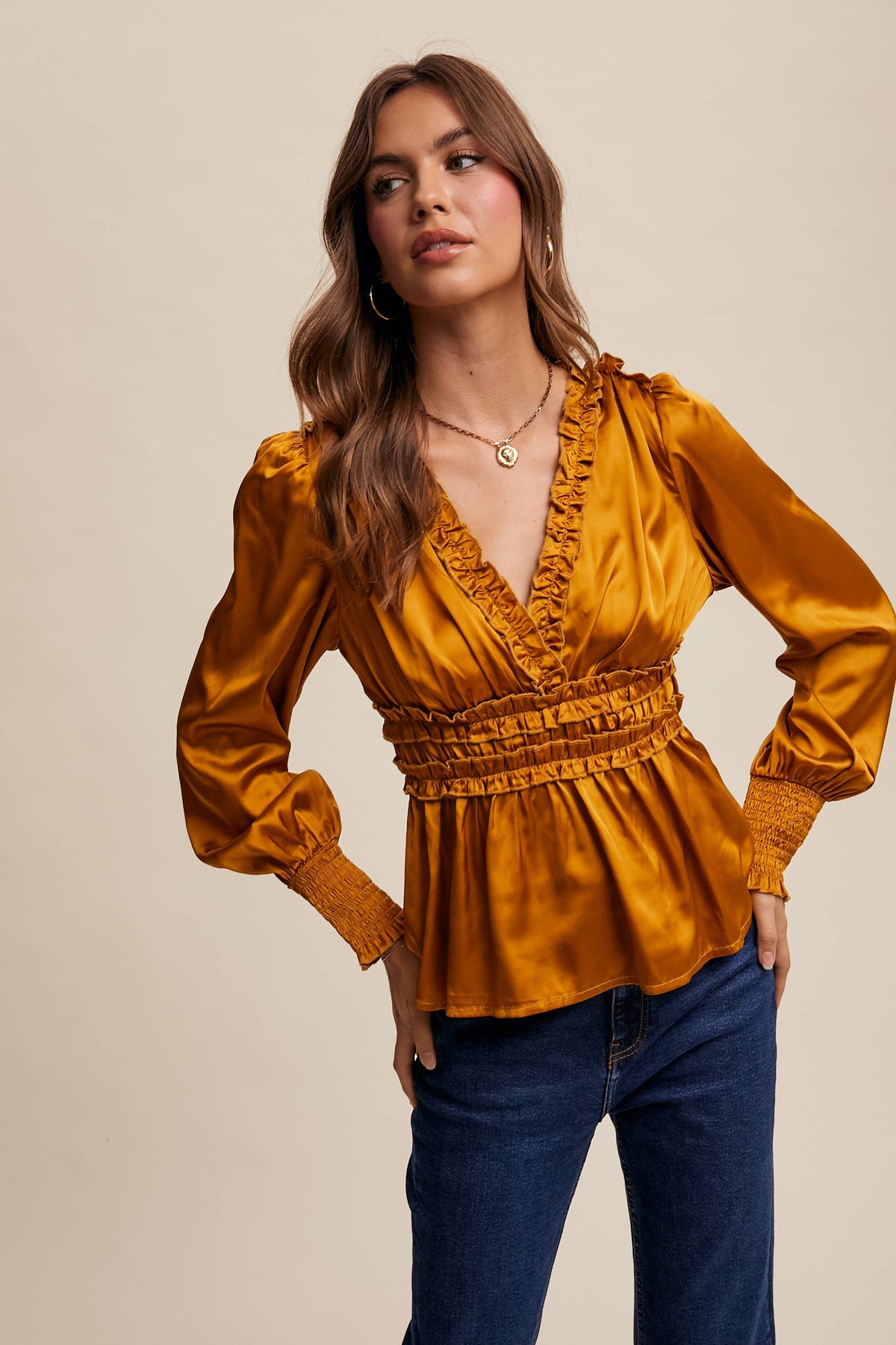 Butter Scotch Ruffle-Trim Satin Peplum Blouse
