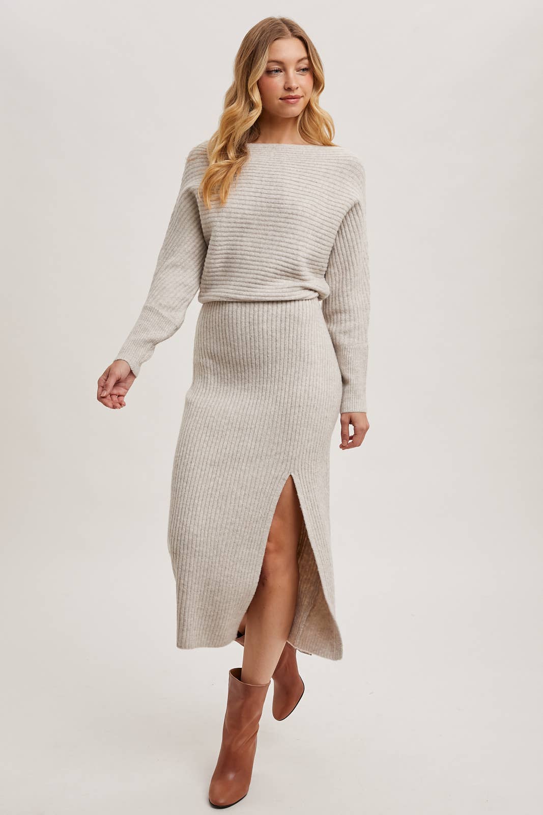 ONE SHOULDER OFF SIDE SLIT MIDI KNIT SWEATER DRESS Bluivy