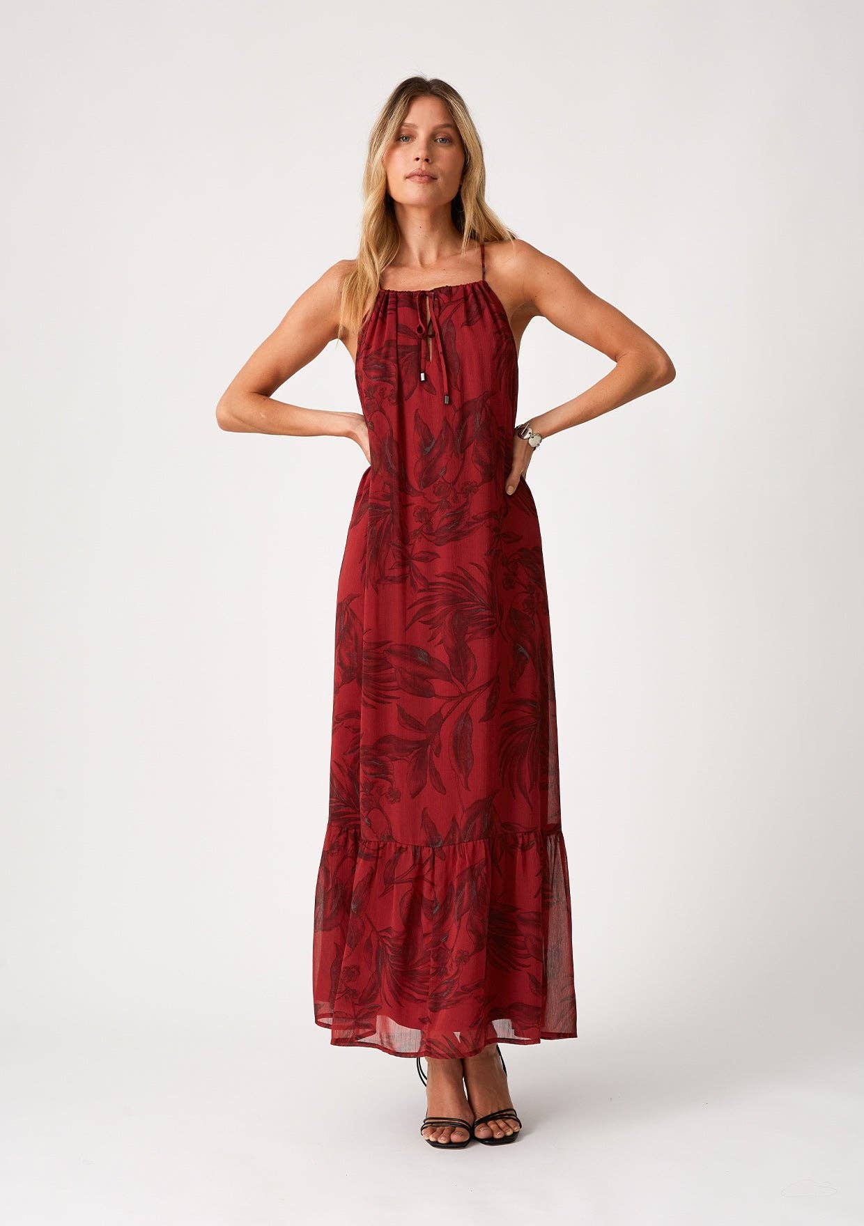 FINAL SALE- Lovestich-Flowy Floral Tie Front Halter Maxi Dress Lovestitch