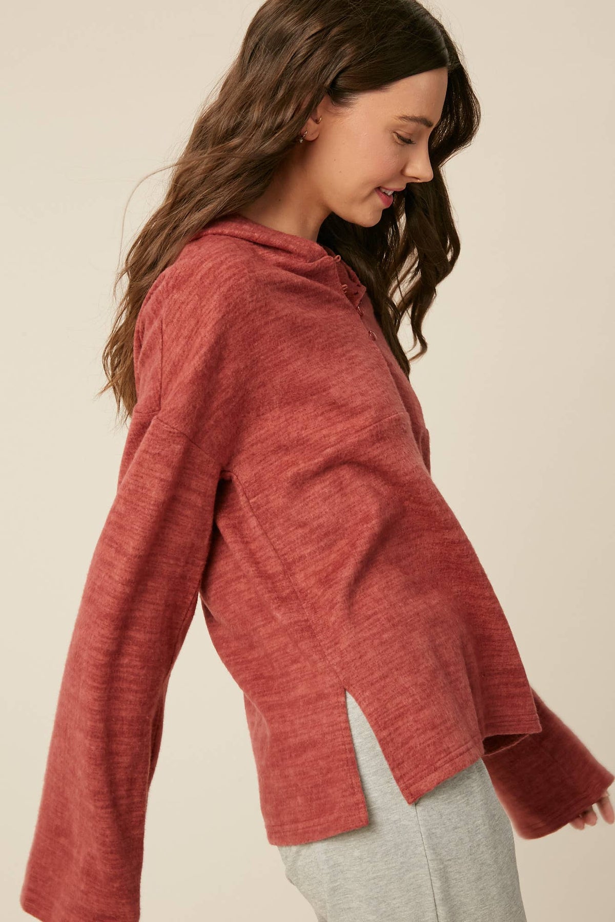 Plum Brushed Knit Henley Hoodie