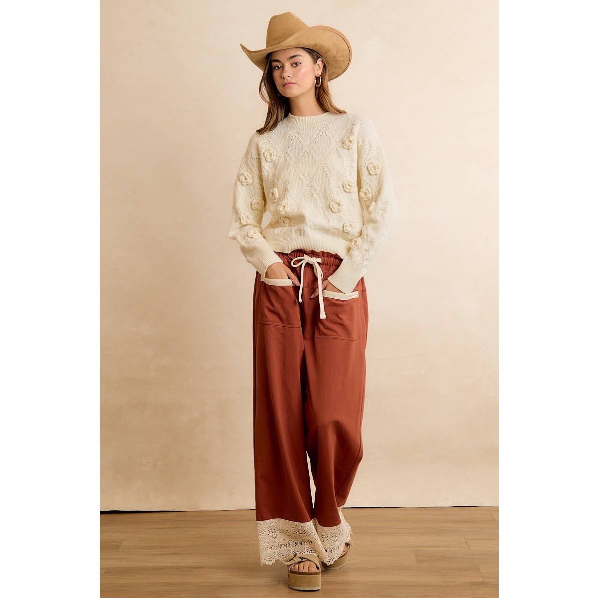 BiBi Solid Cotton Pants with Lace-Trimmed Hem