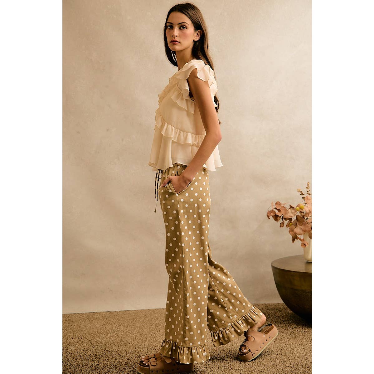 Polka Dot Print Elastic Waist Ruffle Pants