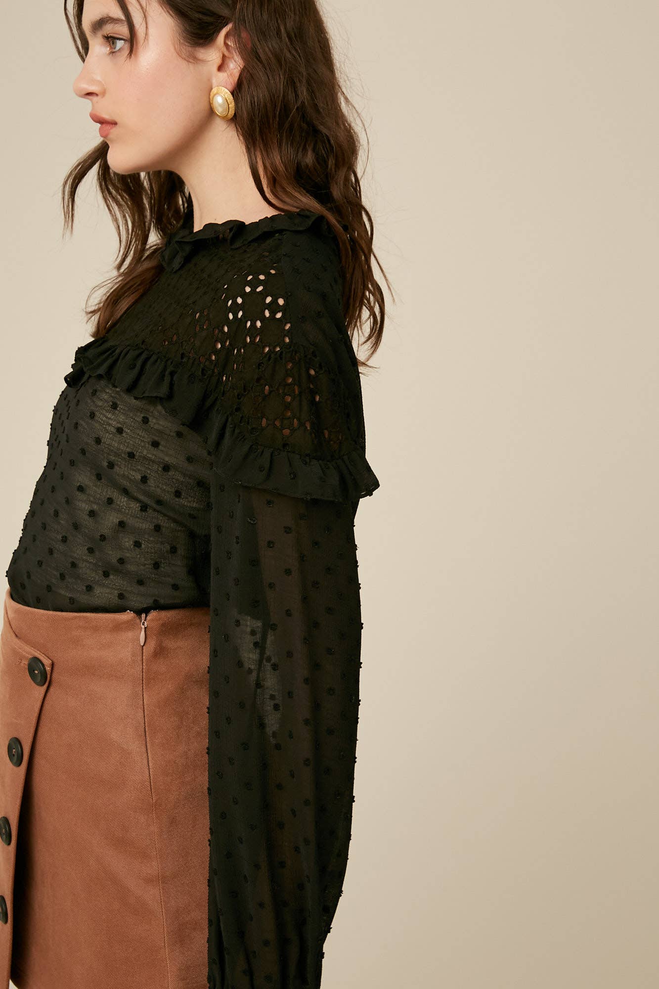 Swiss Dot Eyelet Ruffle Blouse
