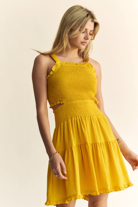 TEXTURED OPEN BACK SMOCKING CUT OUT MINI DRESS 926 WEST