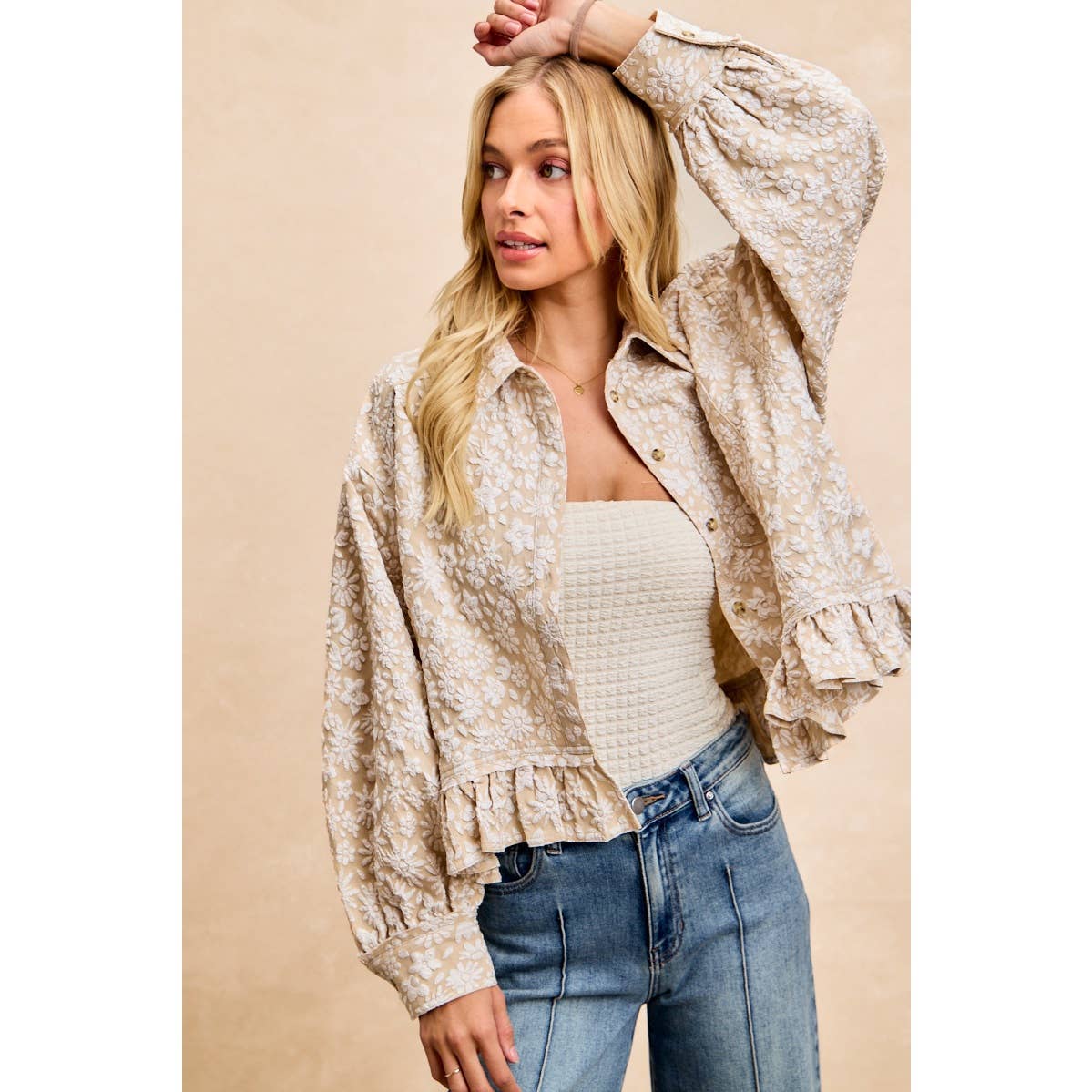 Textured Floral Ruffled Hem Button-Up Top