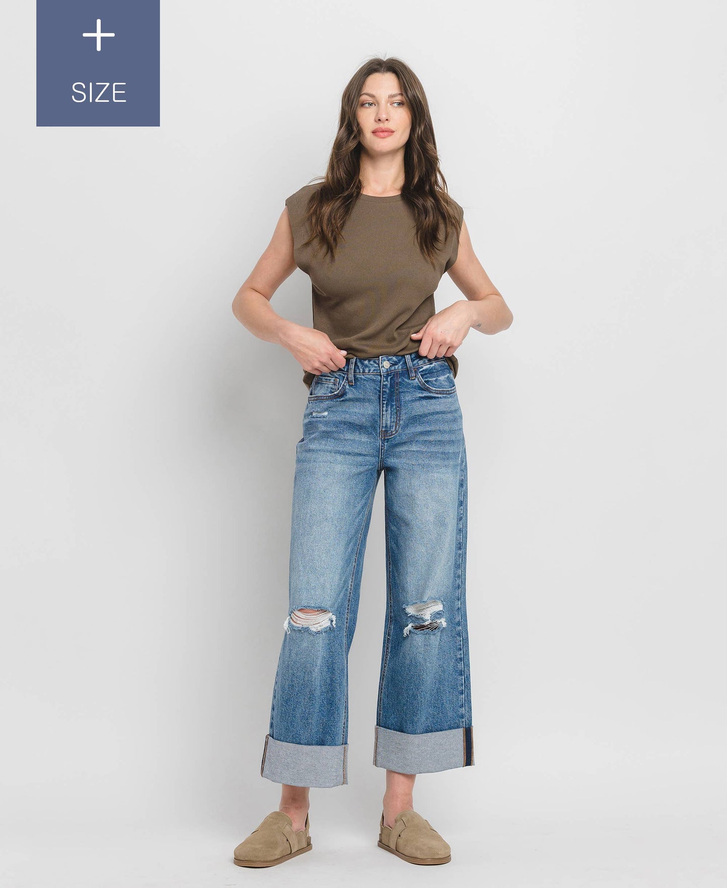 PLUS SIZE SUPER HIGH RISE CUFFED BAGGY WIDE JEANS LV1459-P Lovervet by VERVET
