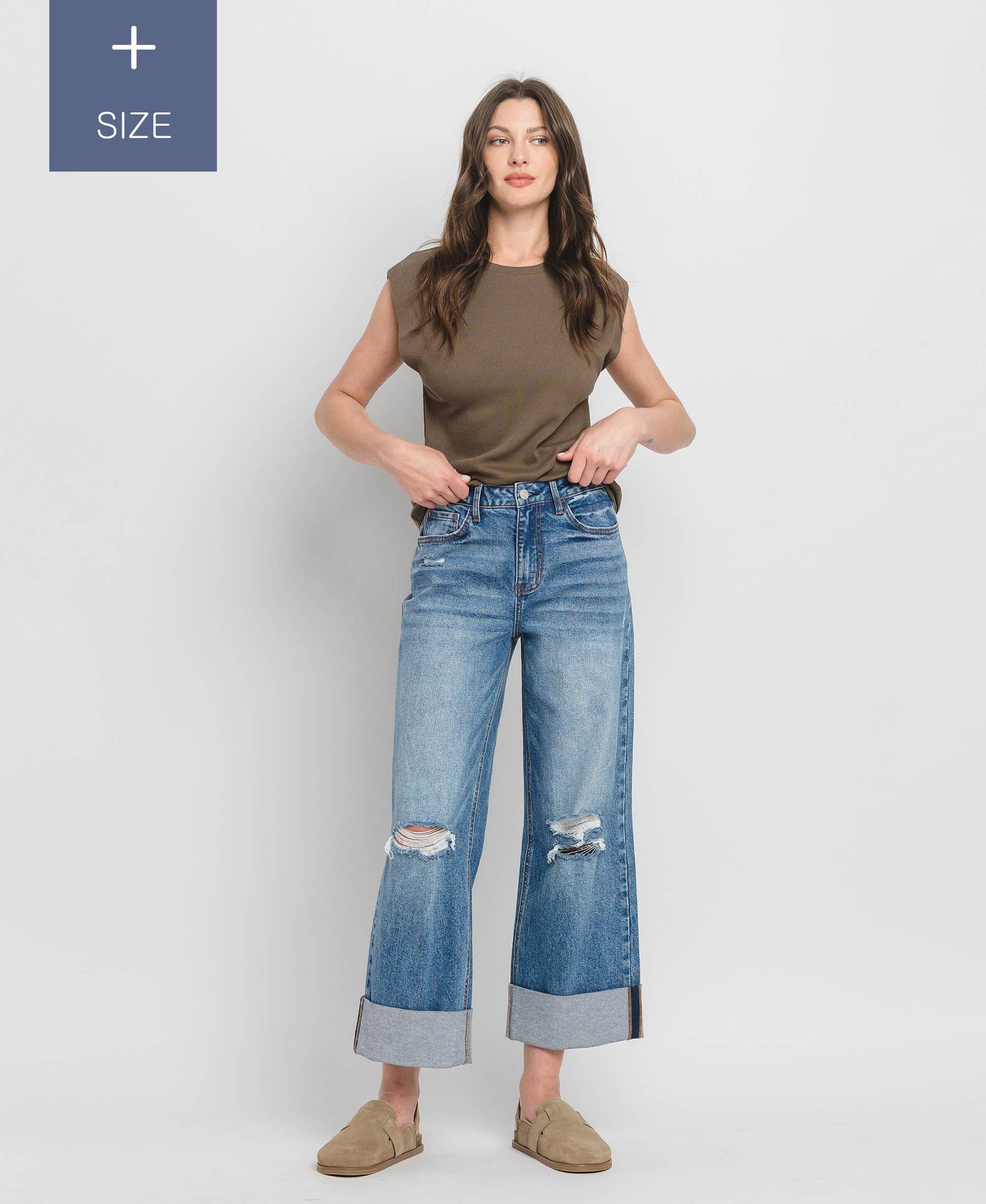 PLUS SIZE SUPER HIGH RISE CUFFED BAGGY WIDE JEANS LV1459-P Lovervet by VERVET