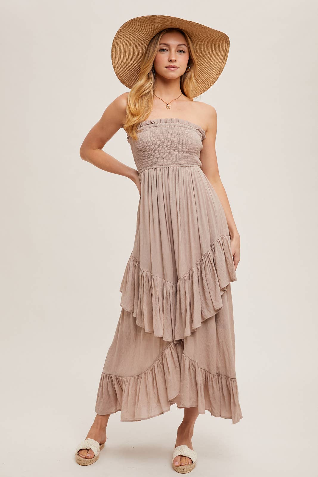 FINAL SALE- BOHO SMOCKED STRAPLESS TIERED RUFFLE MIDI DRESS 926 WEST