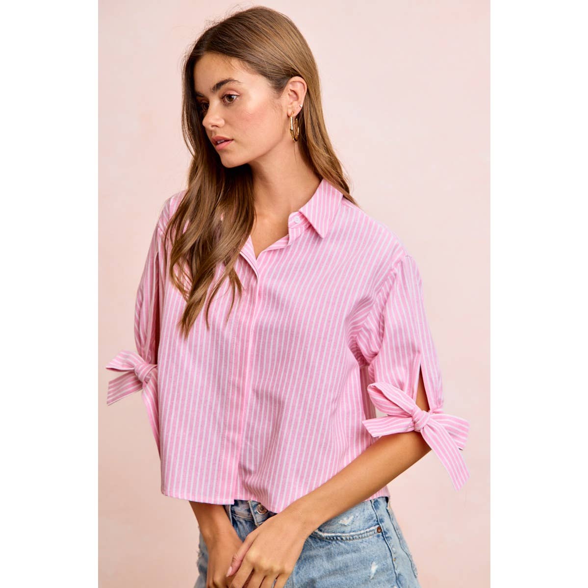 Stripe Woven Button-Up Top with Tied Sleeves