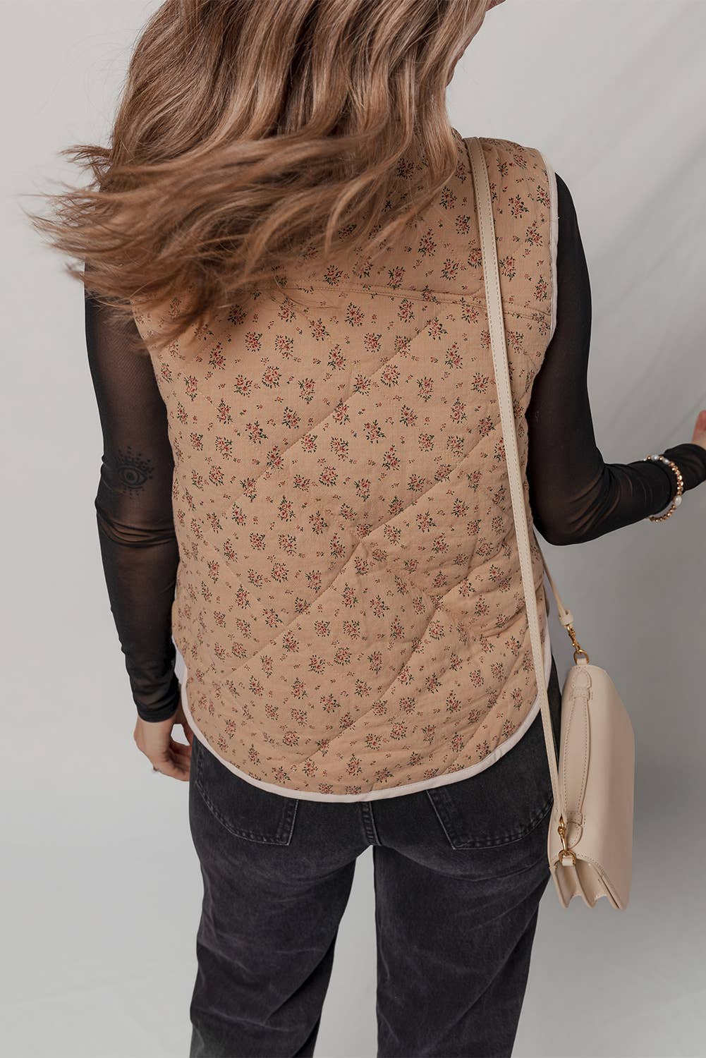 LDC Floral Print Quilted Concealed Button Vest Little Daisy Closet