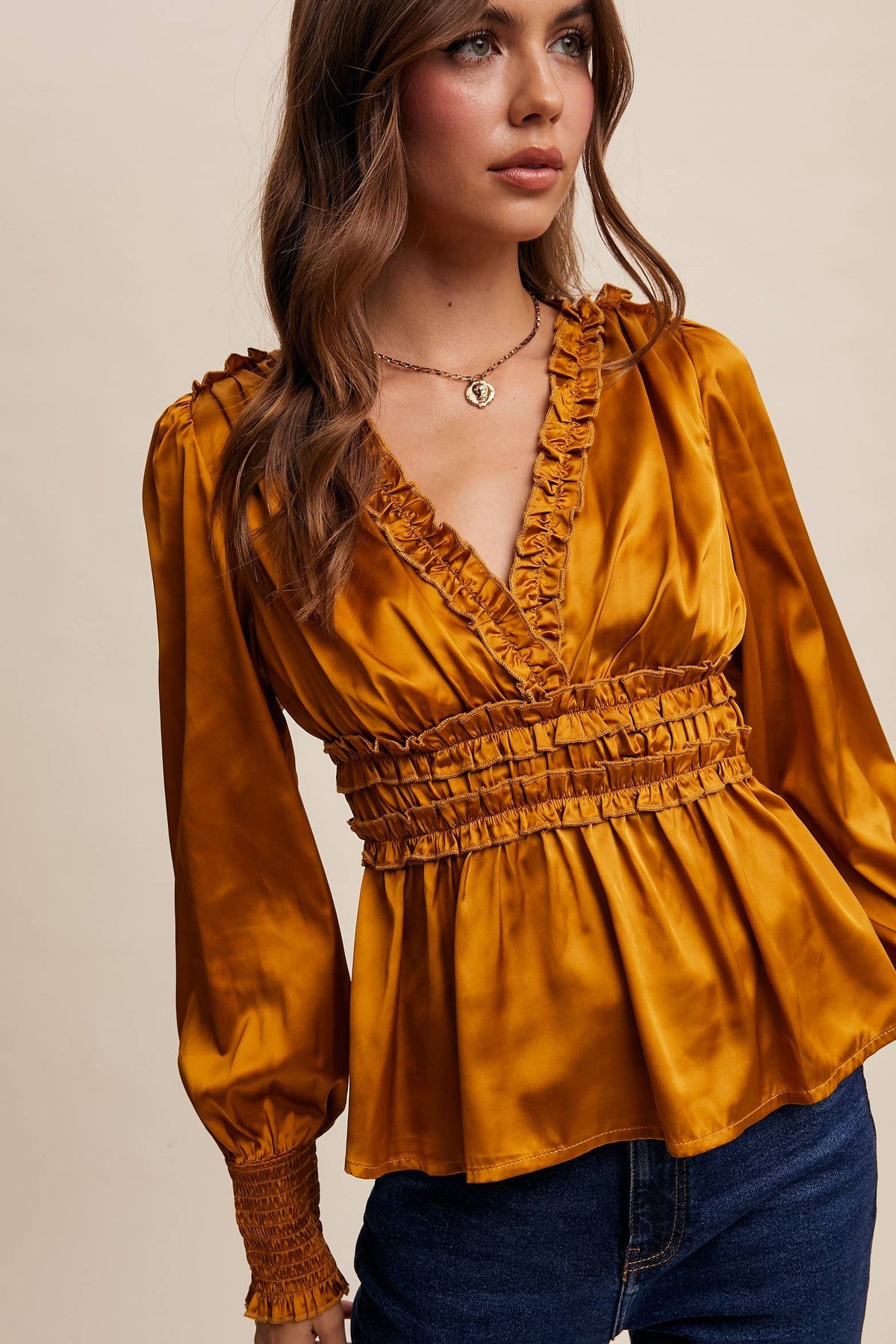 Butter Scotch Ruffle-Trim Satin Peplum Blouse