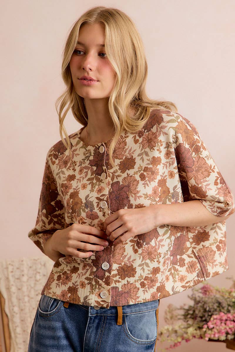 Ivory & Brown Floral Button-Front Sweater Vest