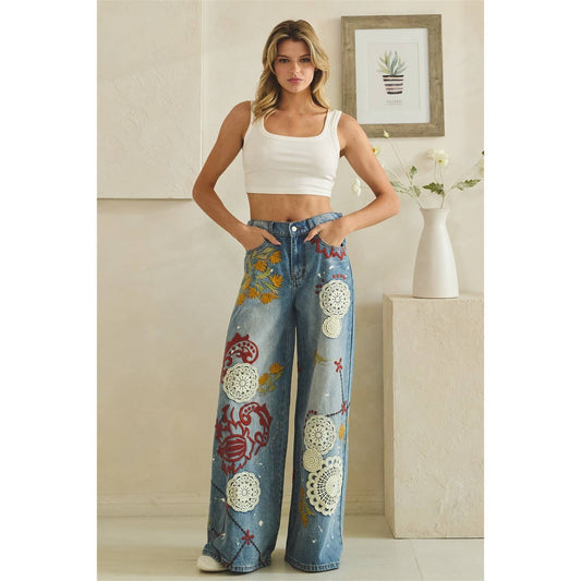 Oli & Hail - WASHED EMBROIDERY WIDE LEG DENIM PANTS