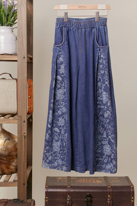 Side Floral Wide-Leg Jeans Pants Mello.