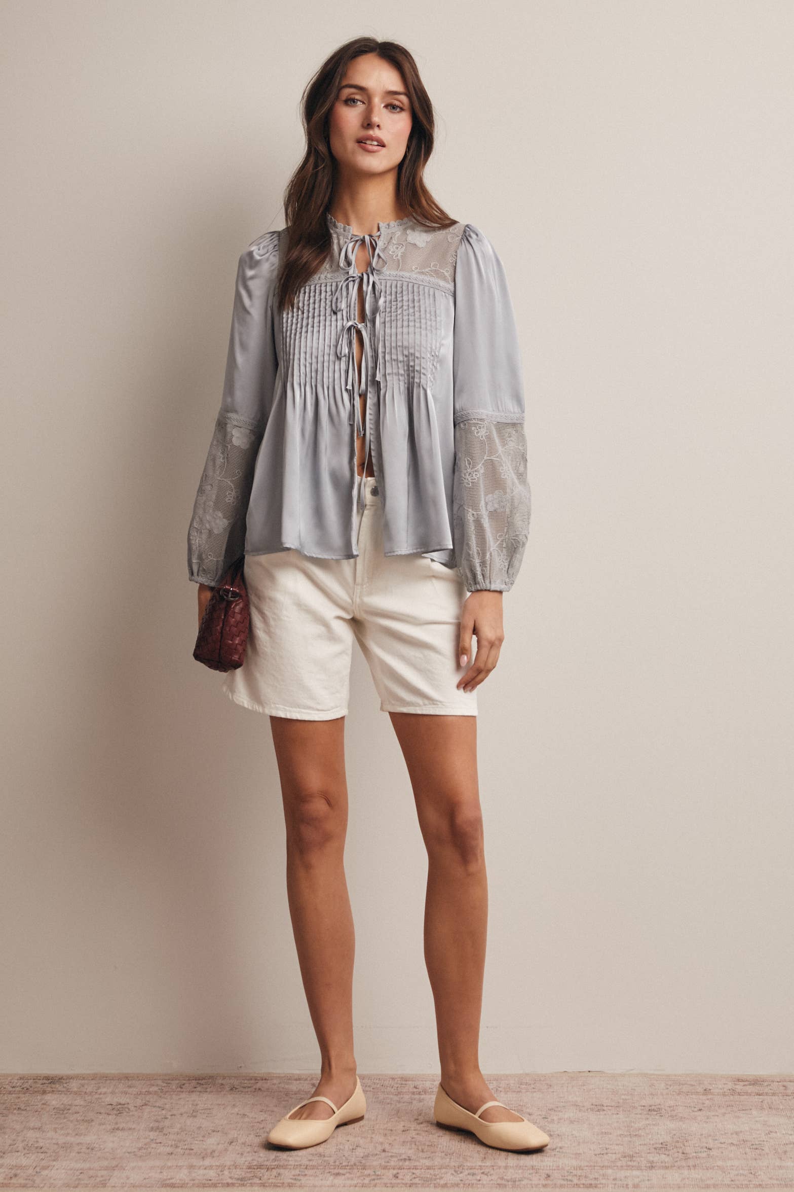 Embroidered Lace Tie-Front Blouse - 926 West