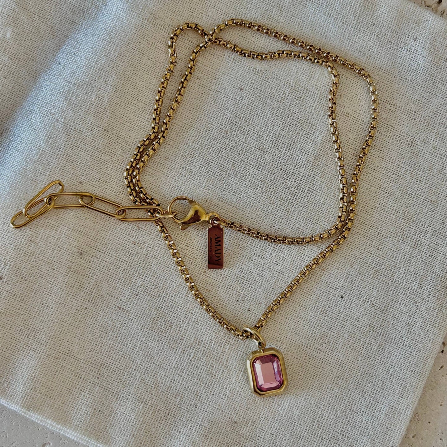 Pink Crystal Pendant Necklace | 18K Gold Plated Box Chain