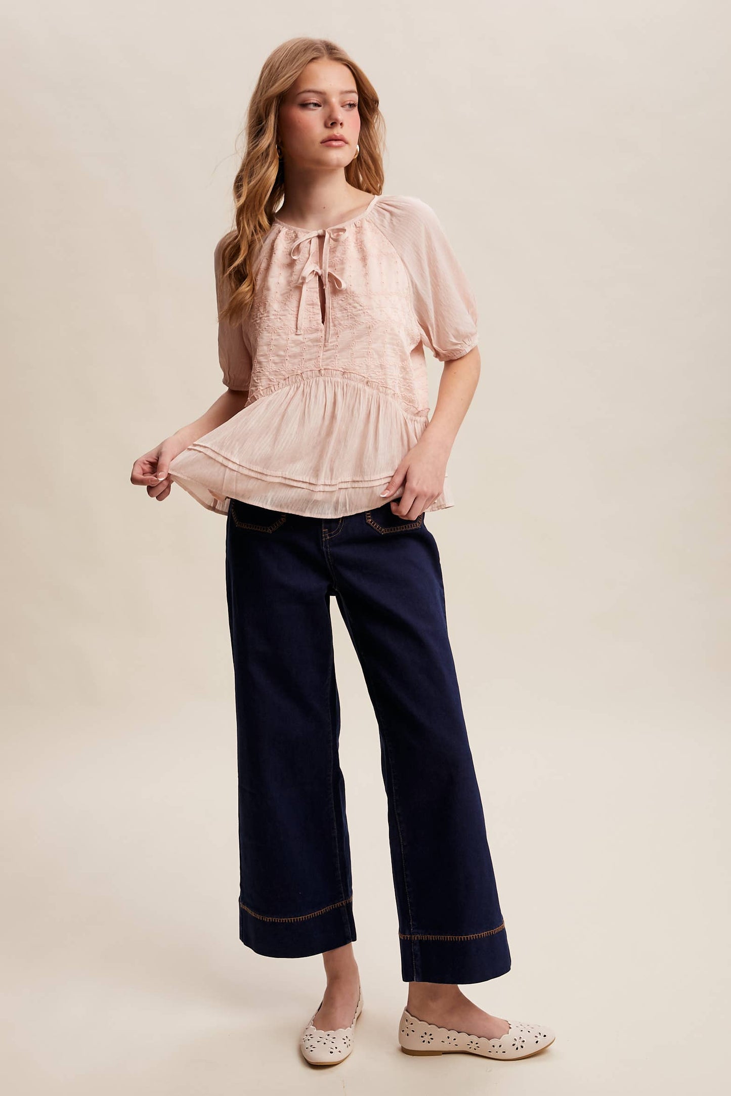 Embroidered Peplum Tie-Front Top – Petal