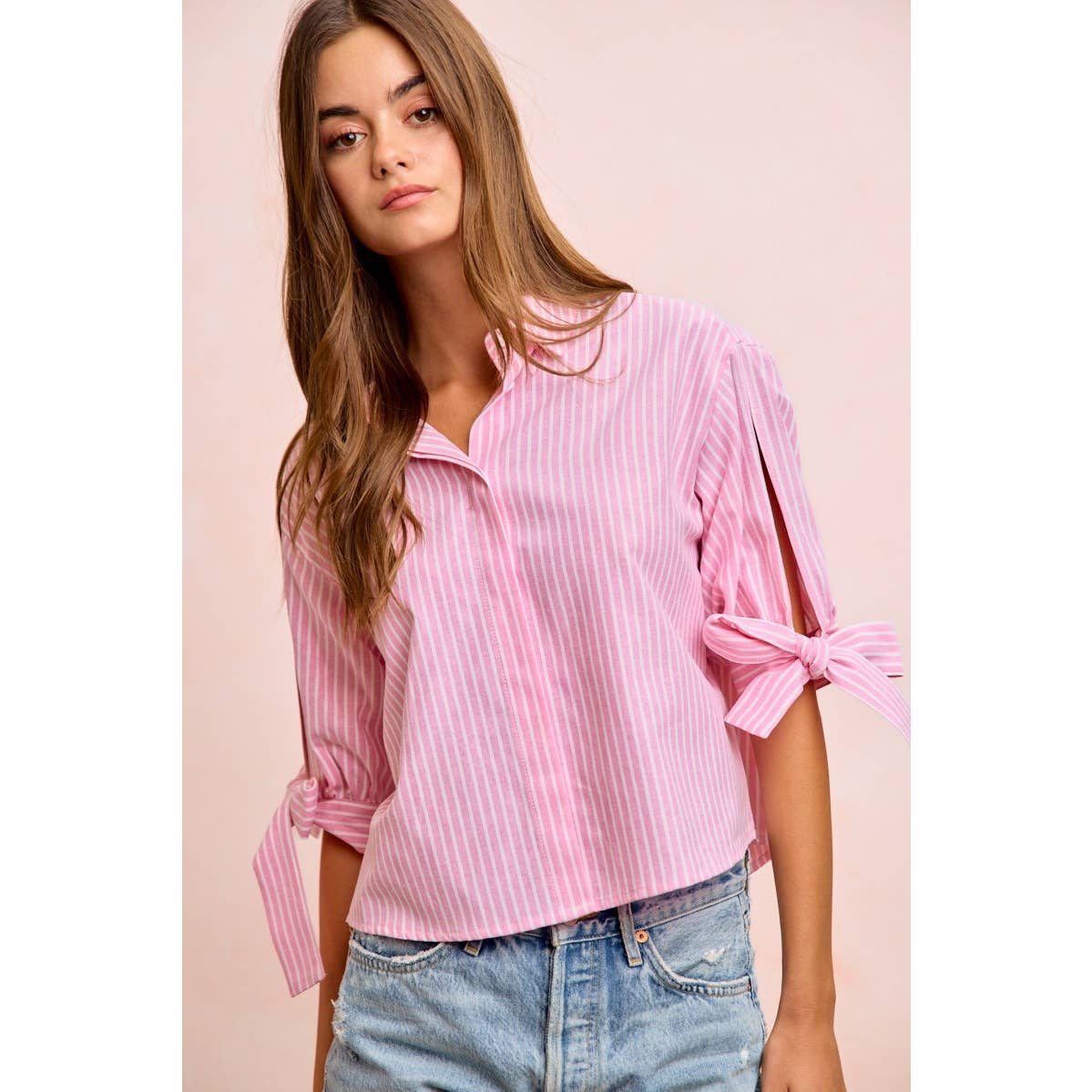 Stripe Woven Button-Up Top with Tied Sleeves