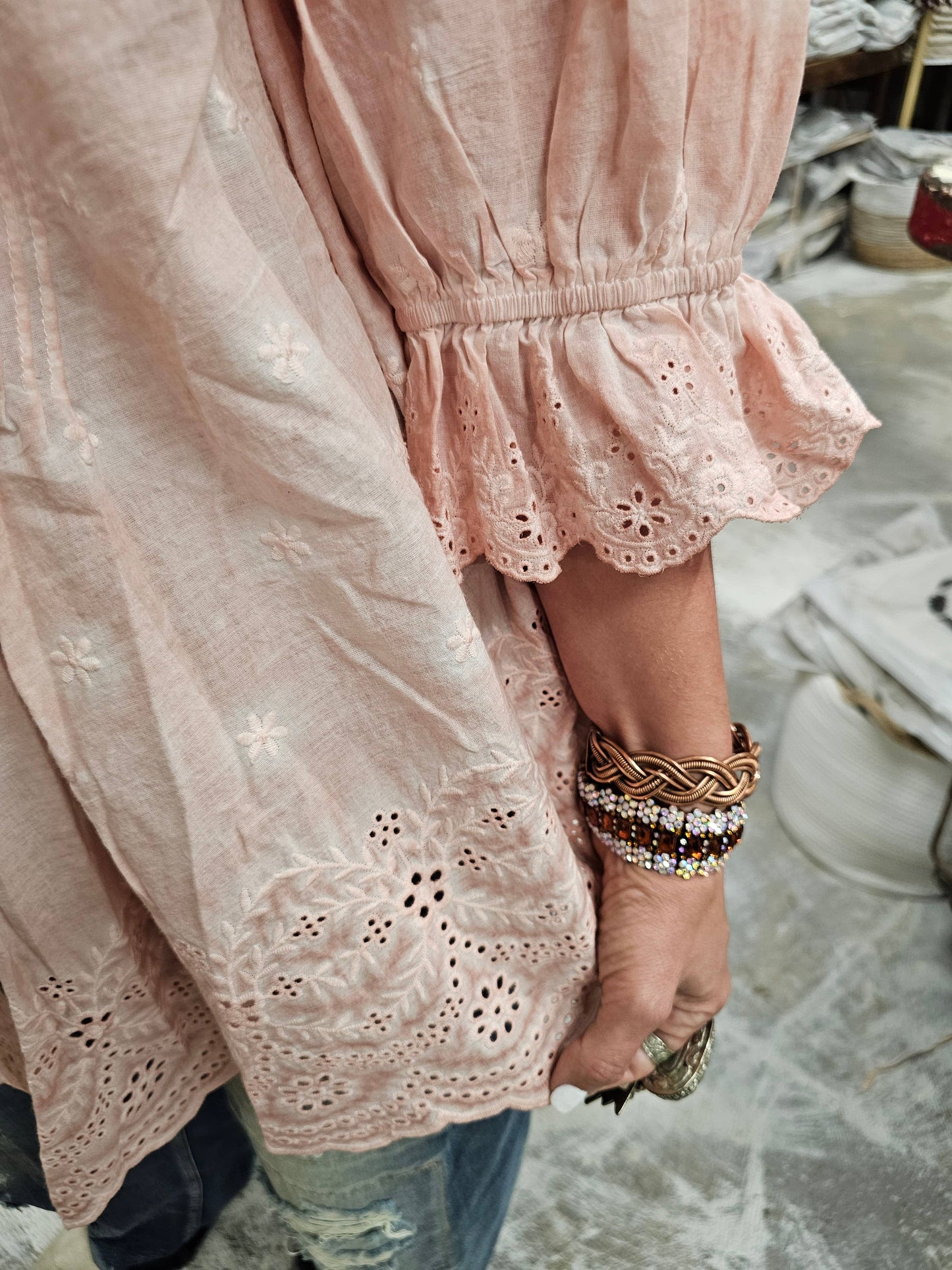A RARE BIRD - Pink Eyelet Linen Top