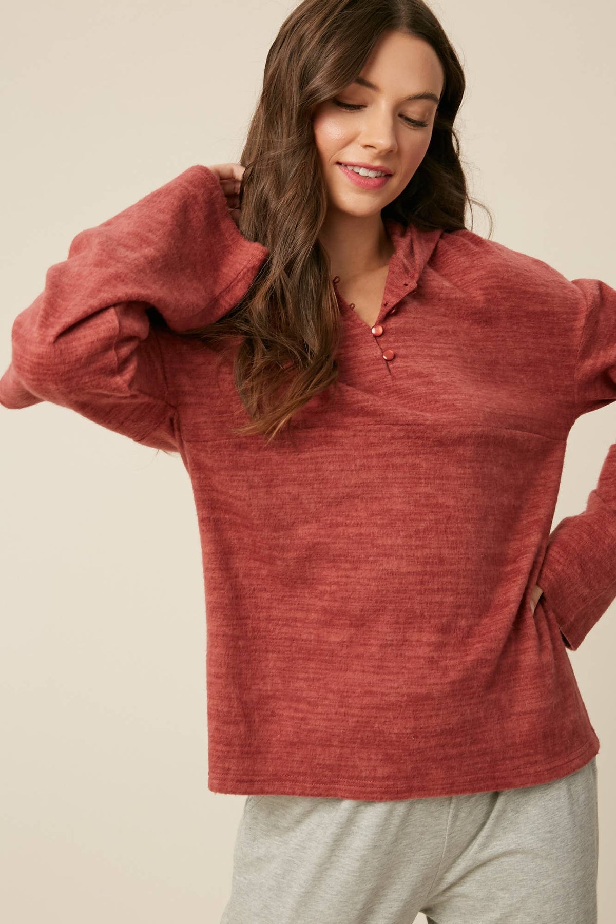 Plum Brushed Knit Henley Hoodie