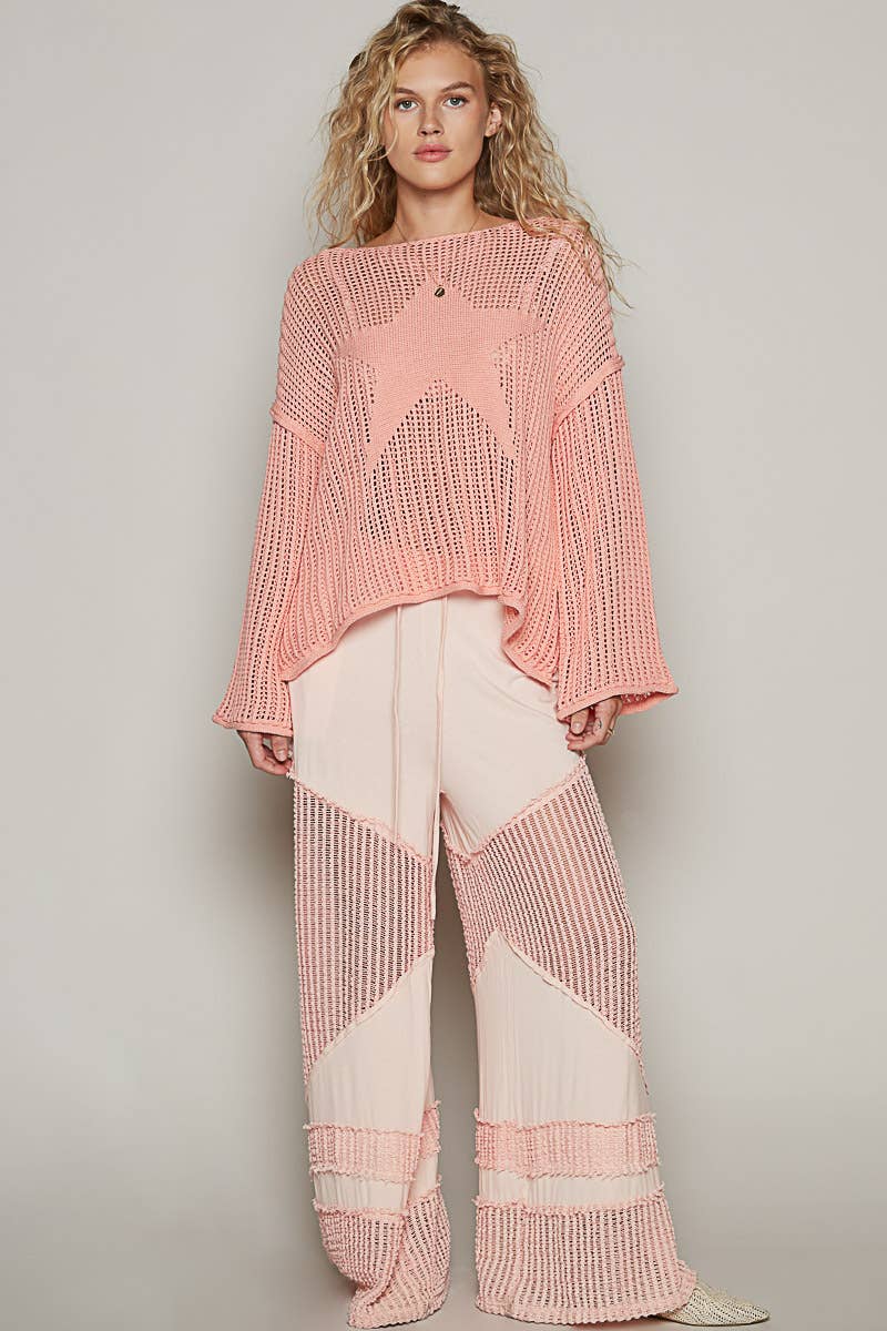 FINAL SALE- Round neck long sleeve star weave solid lightweight sweater Pol Clothing
