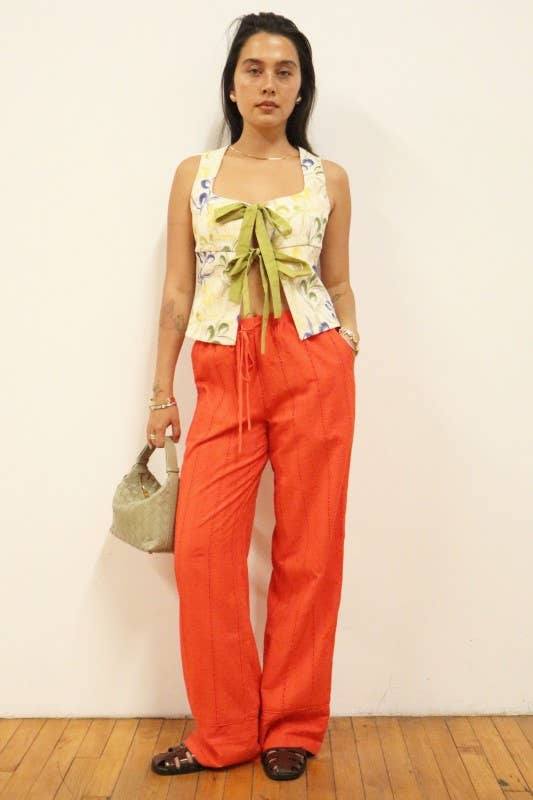 Broderie Drawstring Wide Leg Pants