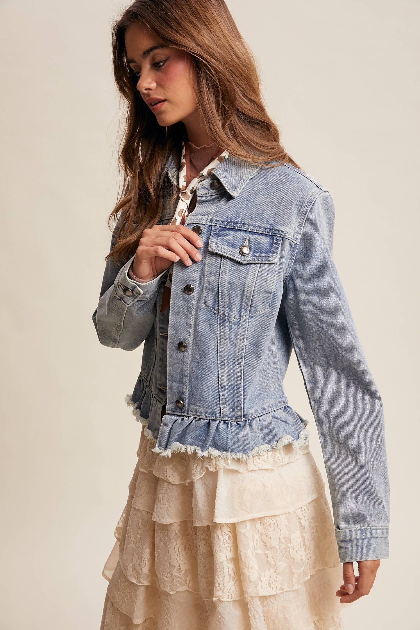 Ruffled Hem Denim Jacket in Light Wash