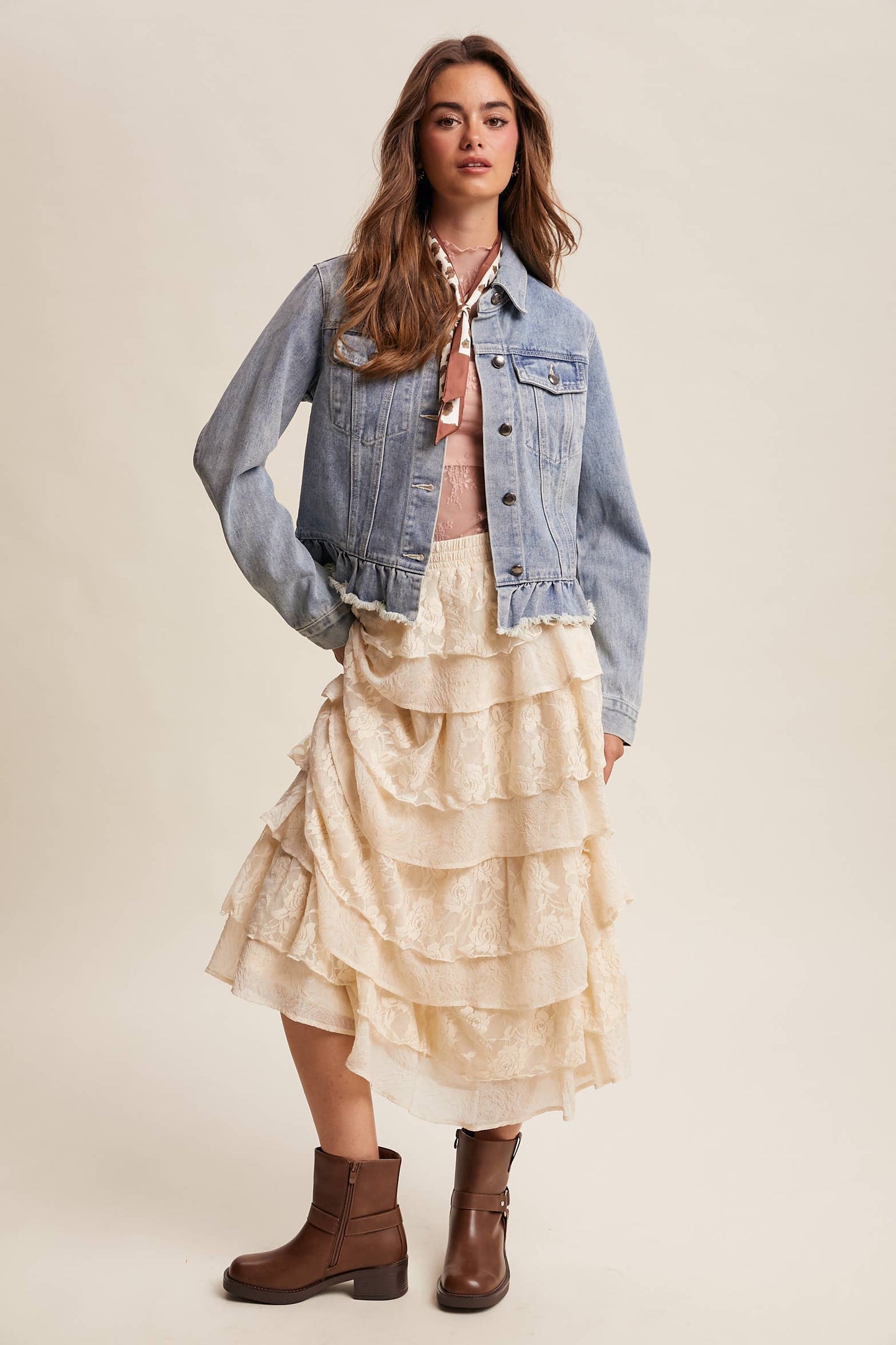 Ruffled Hem Denim Jacket in Light Wash