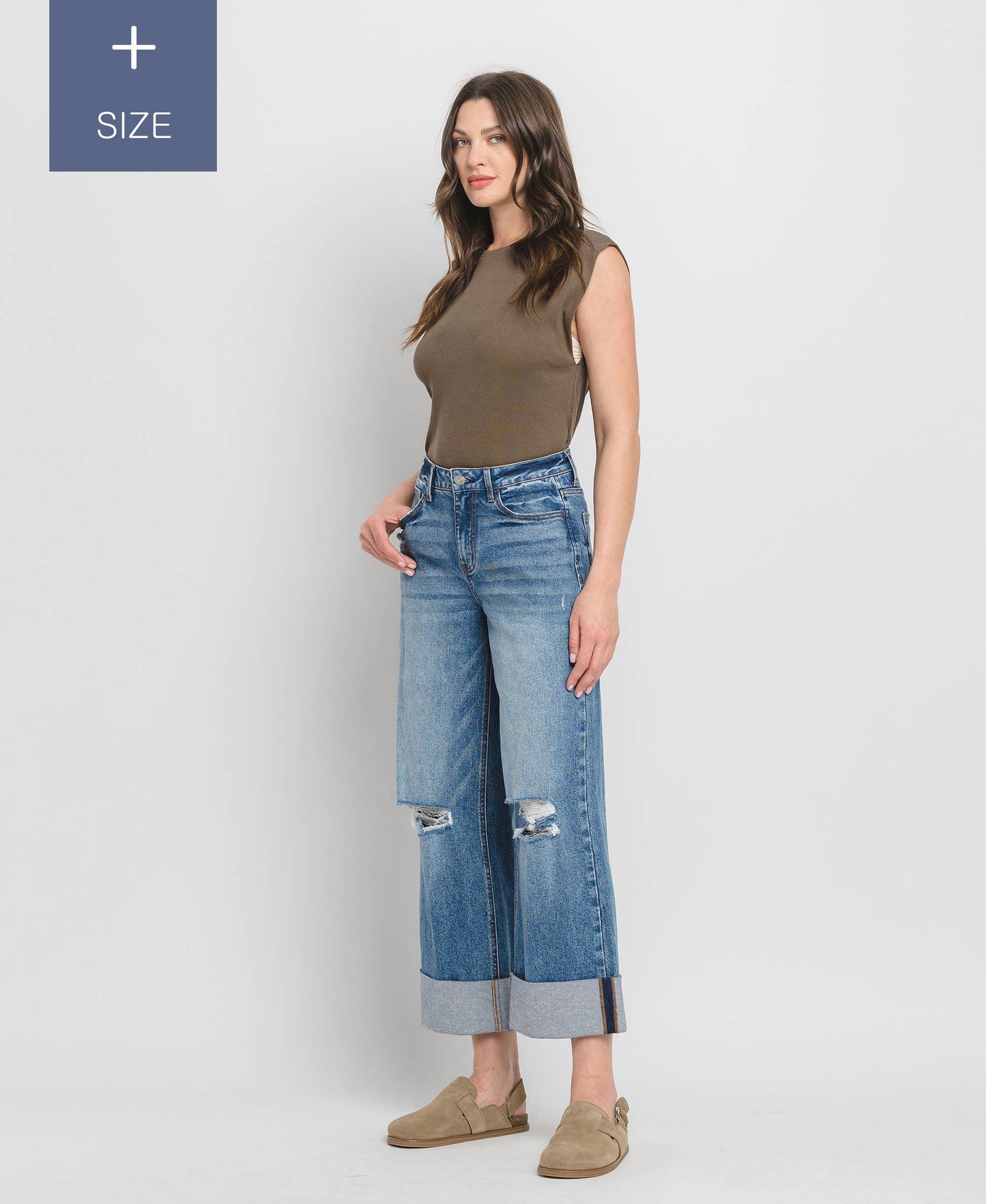 PLUS SIZE SUPER HIGH RISE CUFFED BAGGY WIDE JEANS LV1459-P Lovervet by VERVET