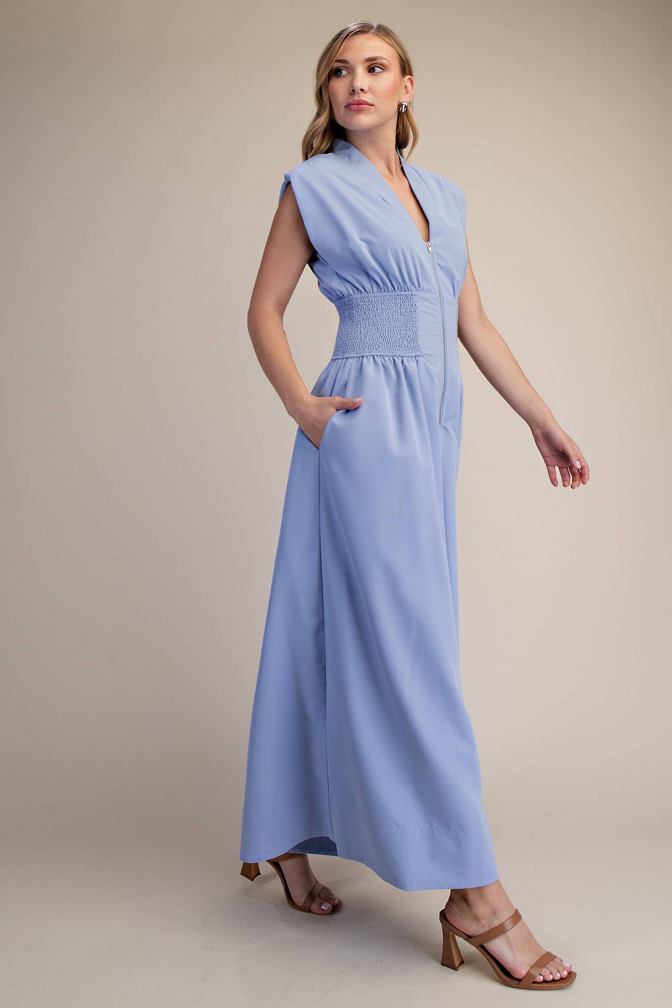 Cap-Sleeve Smocked Front-Zip Jumpsuit - Flattering Fitted Style