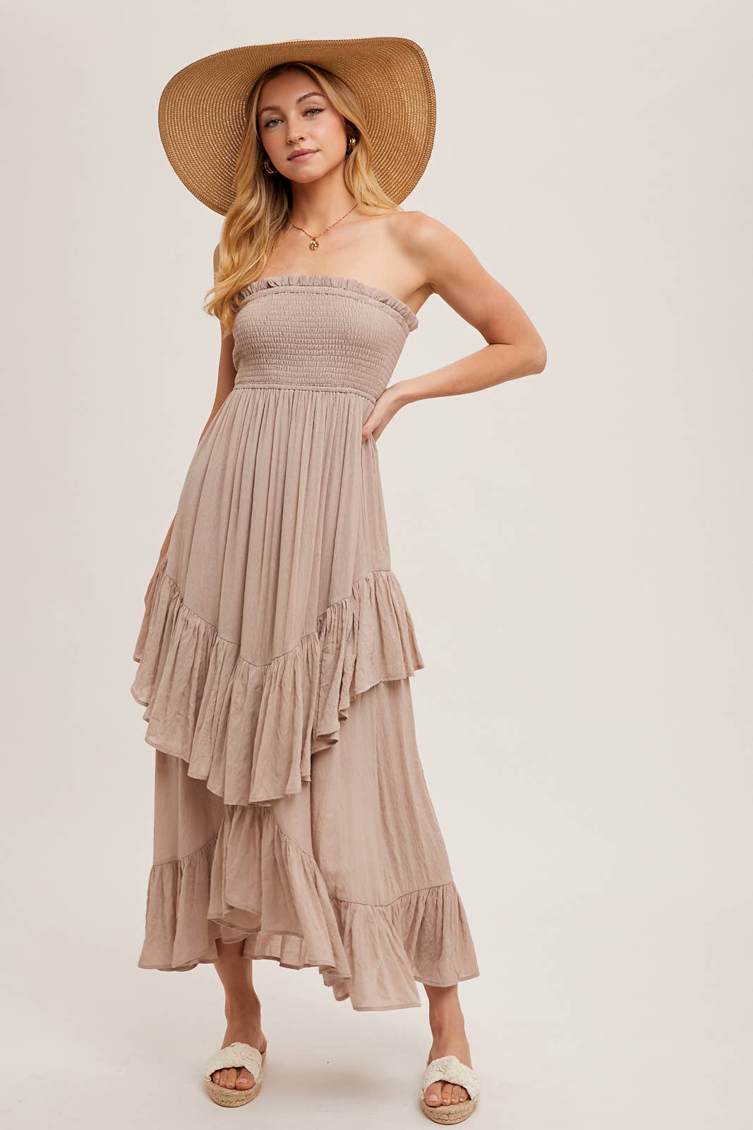 FINAL SALE- BOHO SMOCKED STRAPLESS TIERED RUFFLE MIDI DRESS 926 WEST