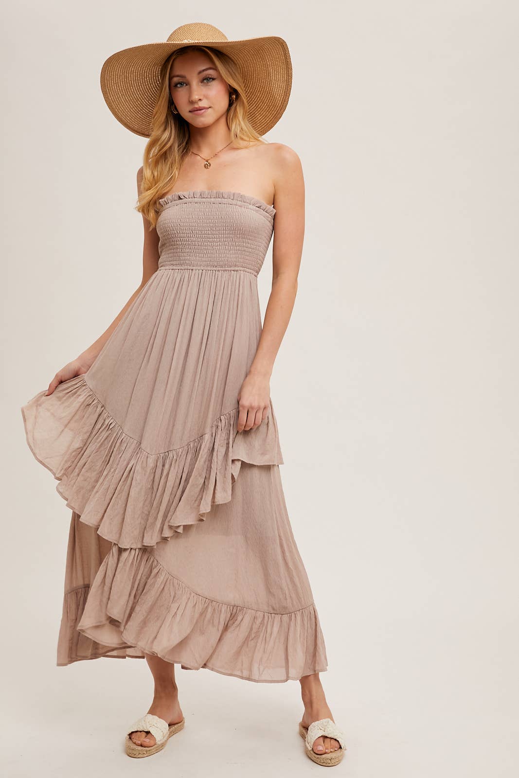 FINAL SALE- BOHO SMOCKED STRAPLESS TIERED RUFFLE MIDI DRESS 926 WEST